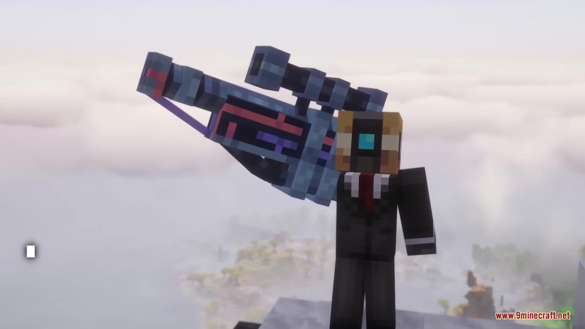 Orbital Railgun Reforged Mod Screenshot 1 A Minecraft player in a suit holding a large futuristic orbital railgun weapon