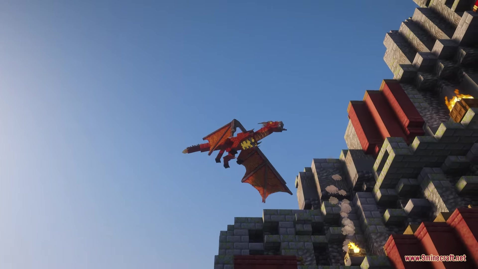 Orbital Railgun Reforged Mod Screenshot 10 A red dragon flying near a large stone fortress under a clear sky