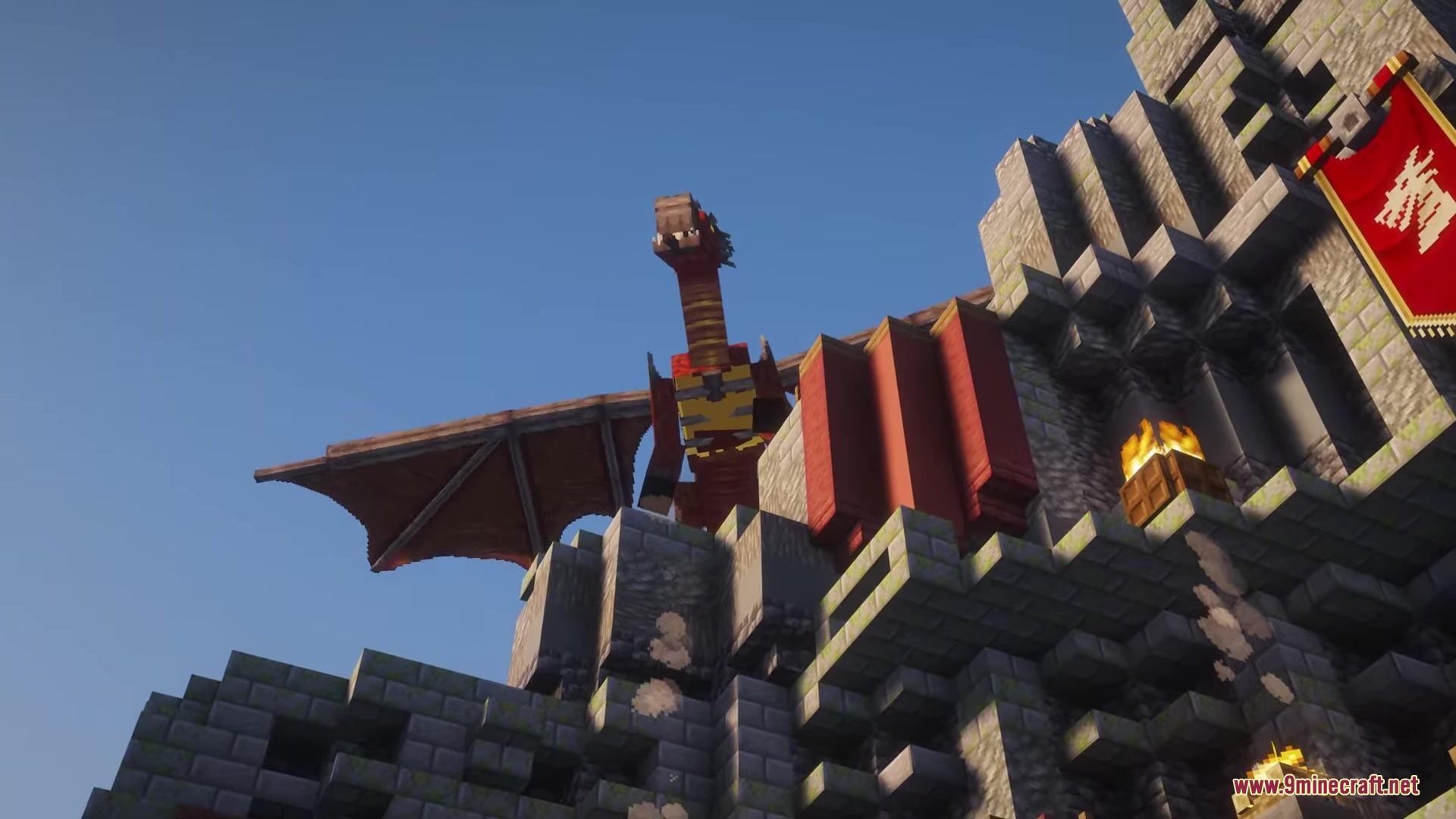 Orbital Railgun Reforged Mod Screenshot 11 A red dragon perches on the stone walls of a medieval castle