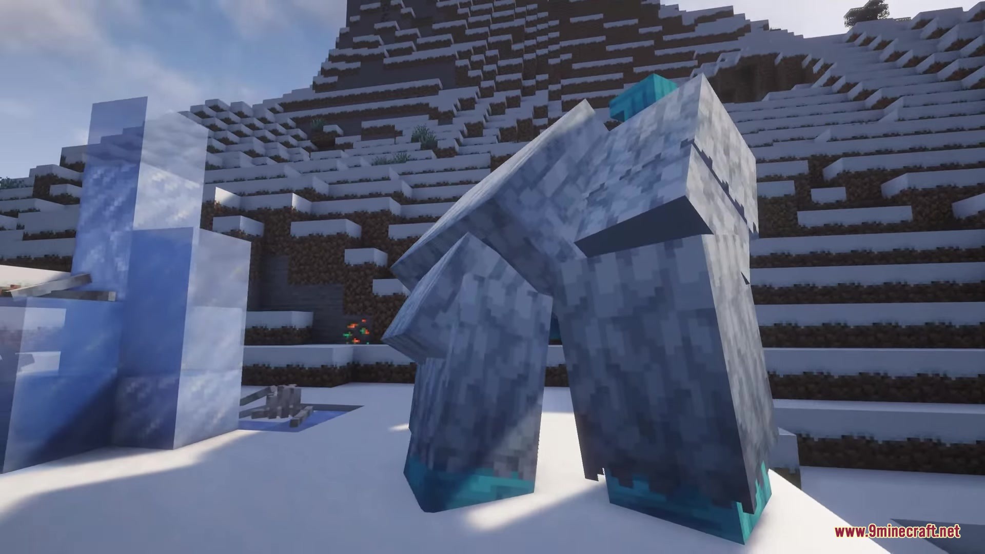 Orbital Railgun Reforged Mod Screenshot 12 A giant ice monster stands in a snowy mountain biome during the day