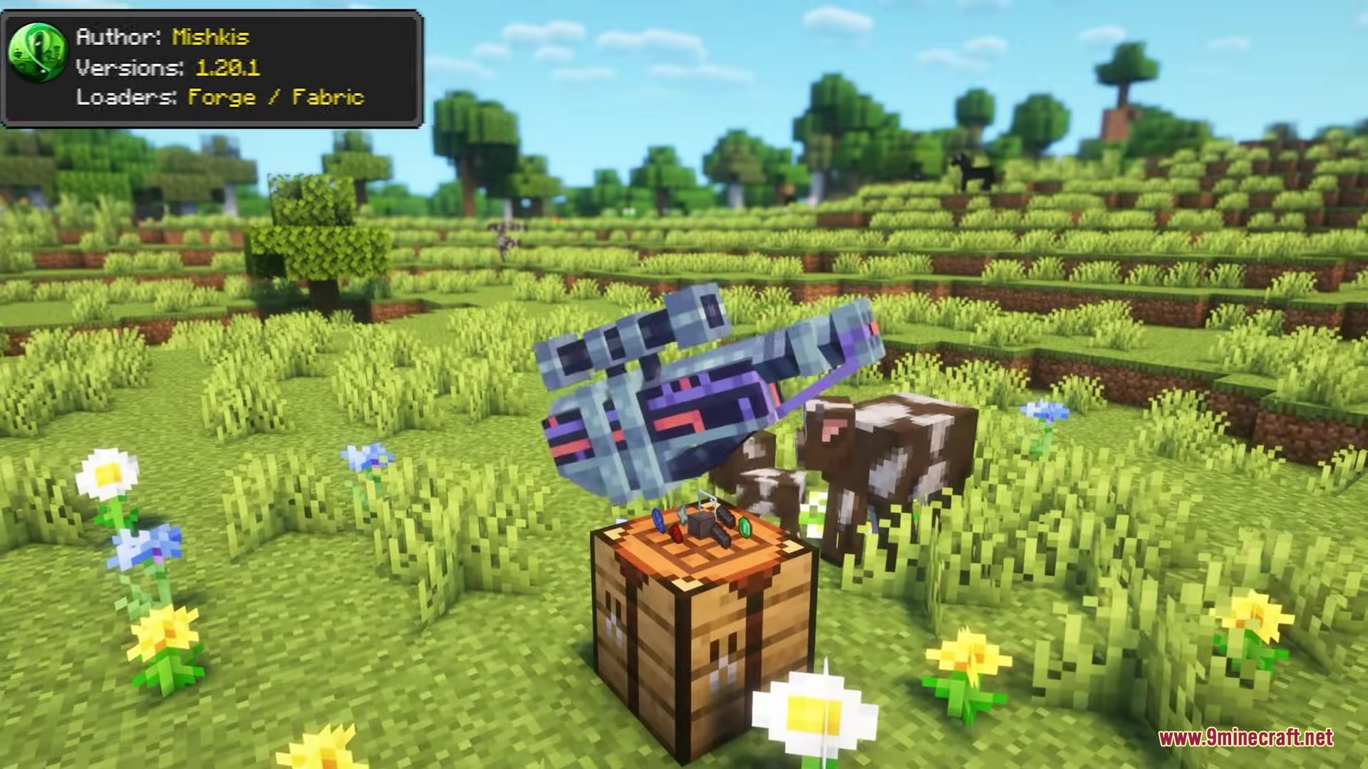 Orbital Railgun Reforged Mod Screenshot 13 The Orbital Railgun Reforged weapon floating above a crafting table in a field