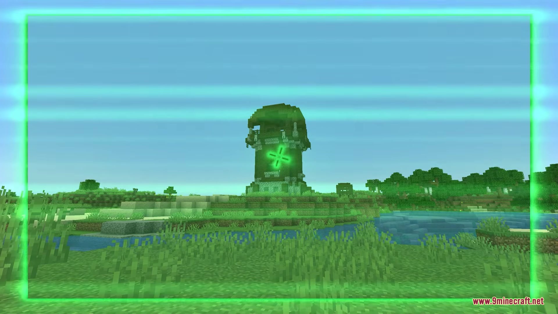 Orbital Railgun Reforged Mod Screenshot 14 A green digital targeting overlay aiming at a pillager outpost in the distance