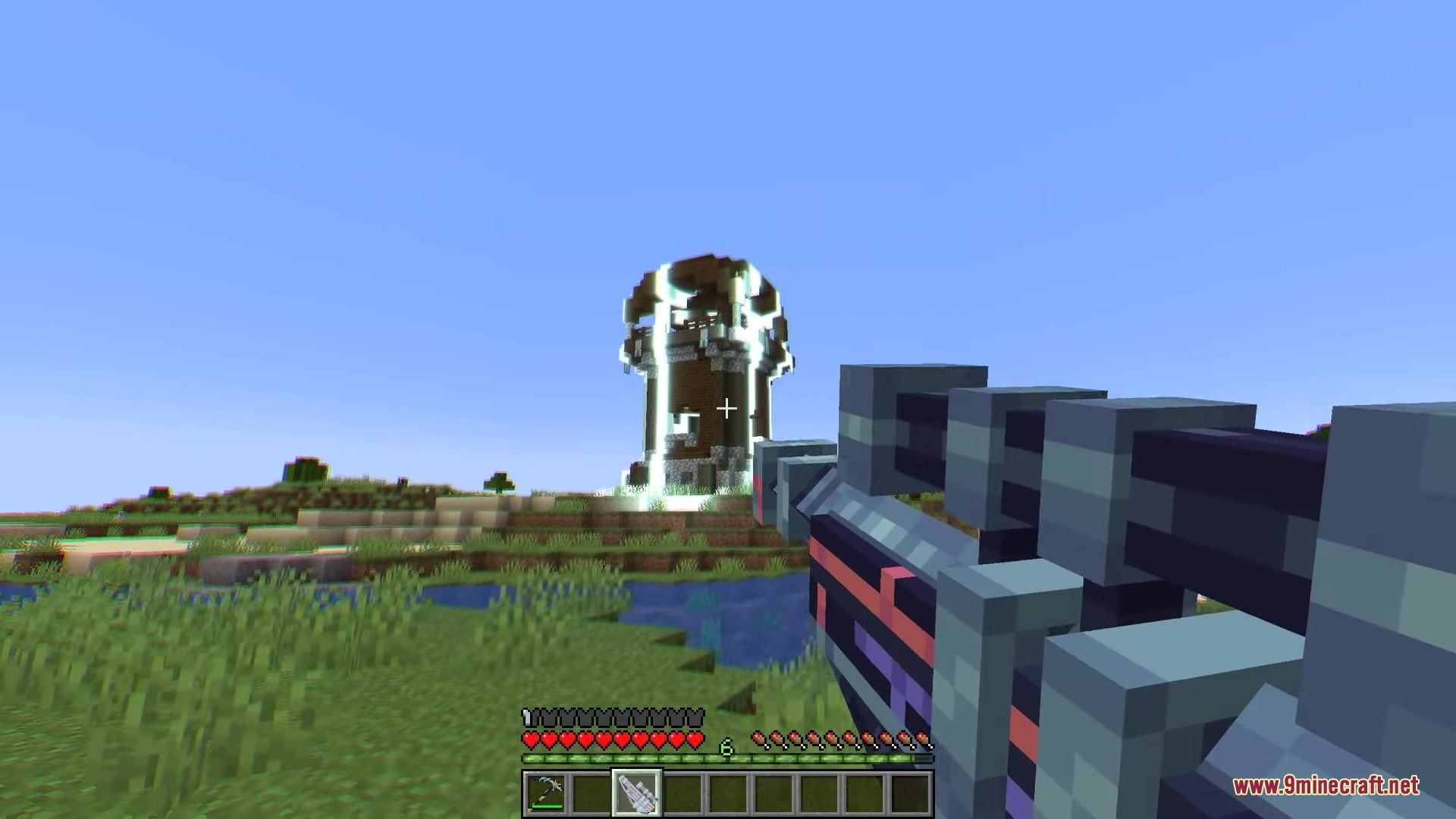 Orbital Railgun Reforged Mod Screenshot 15 Player aiming a futuristic railgun at a Pillager Outpost to trigger a strike