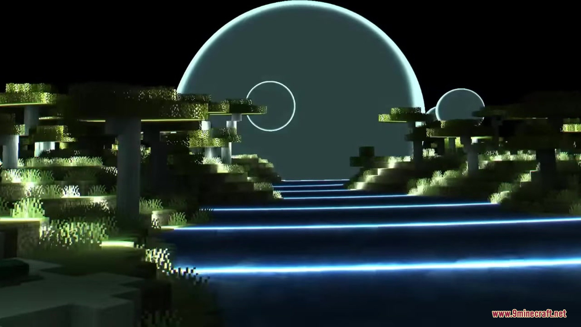 Orbital Railgun Reforged Mod Screenshot 6 Blue energy beams stretching across the terrain toward a giant glowing orb
