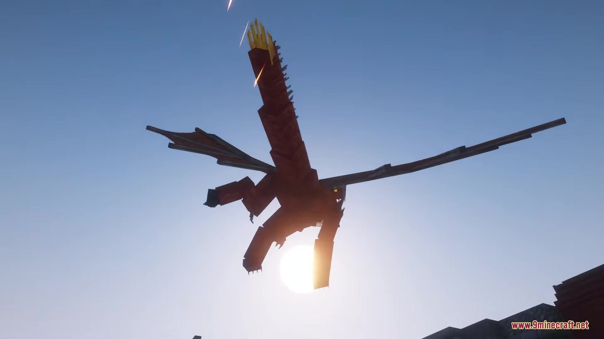 Orbital Railgun Reforged Mod Screenshot 9 A massive red dragon flying through the sky with bright sunlight behind it