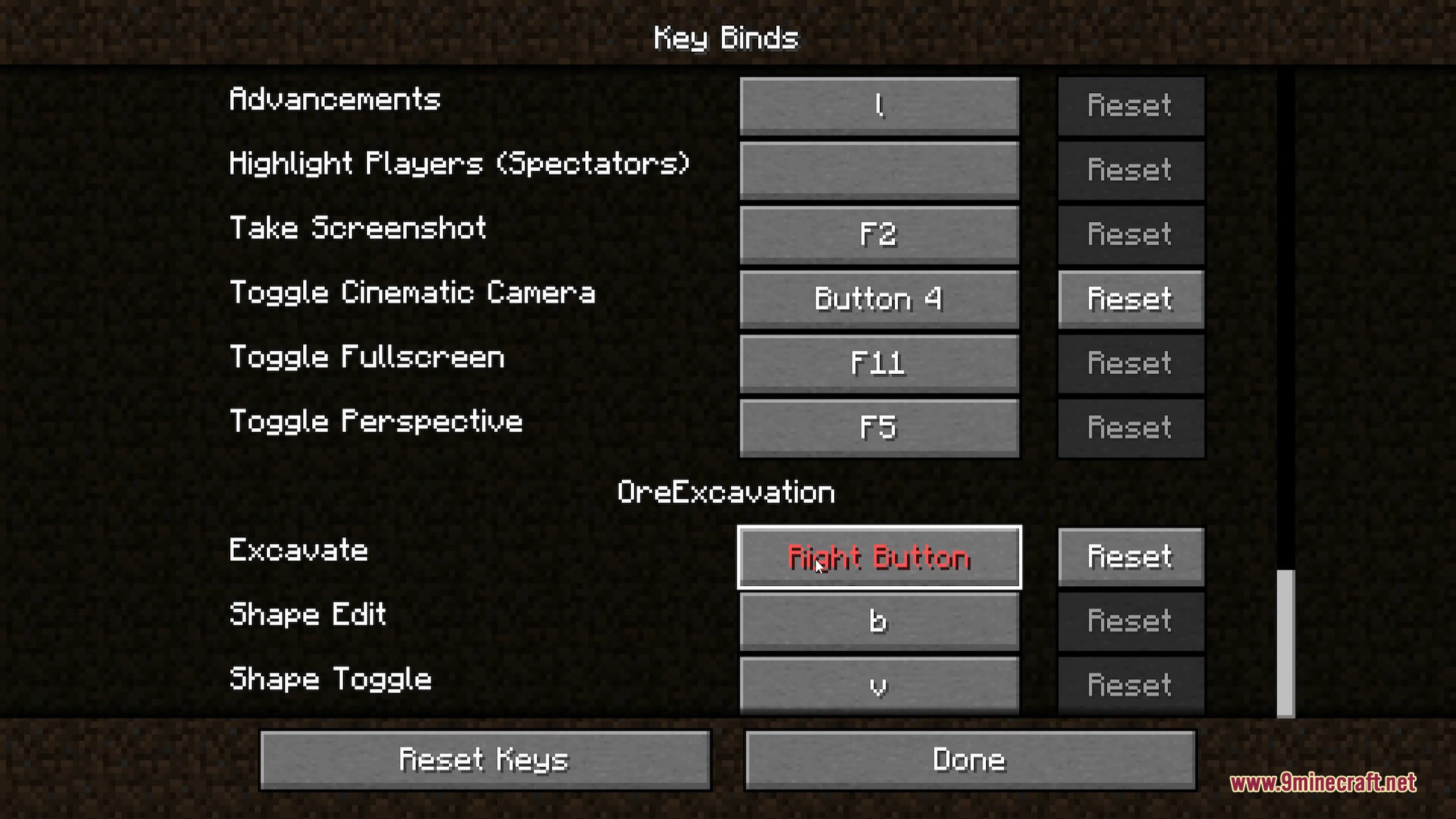 The key binds menu displays settings for the Ore Excavation mod features