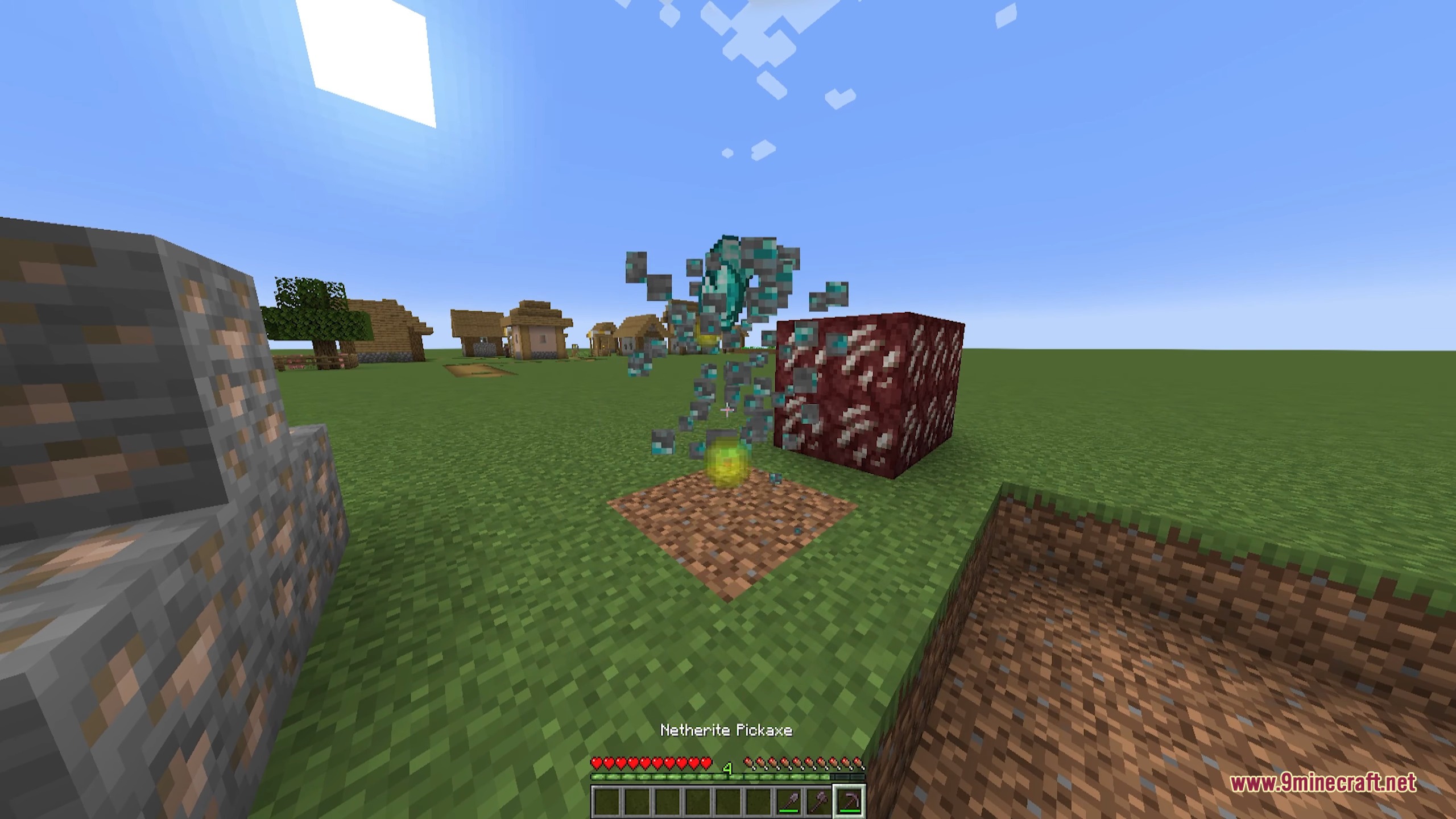 A player mines a cluster of ore blocks simultaneously with a netherite pickaxe