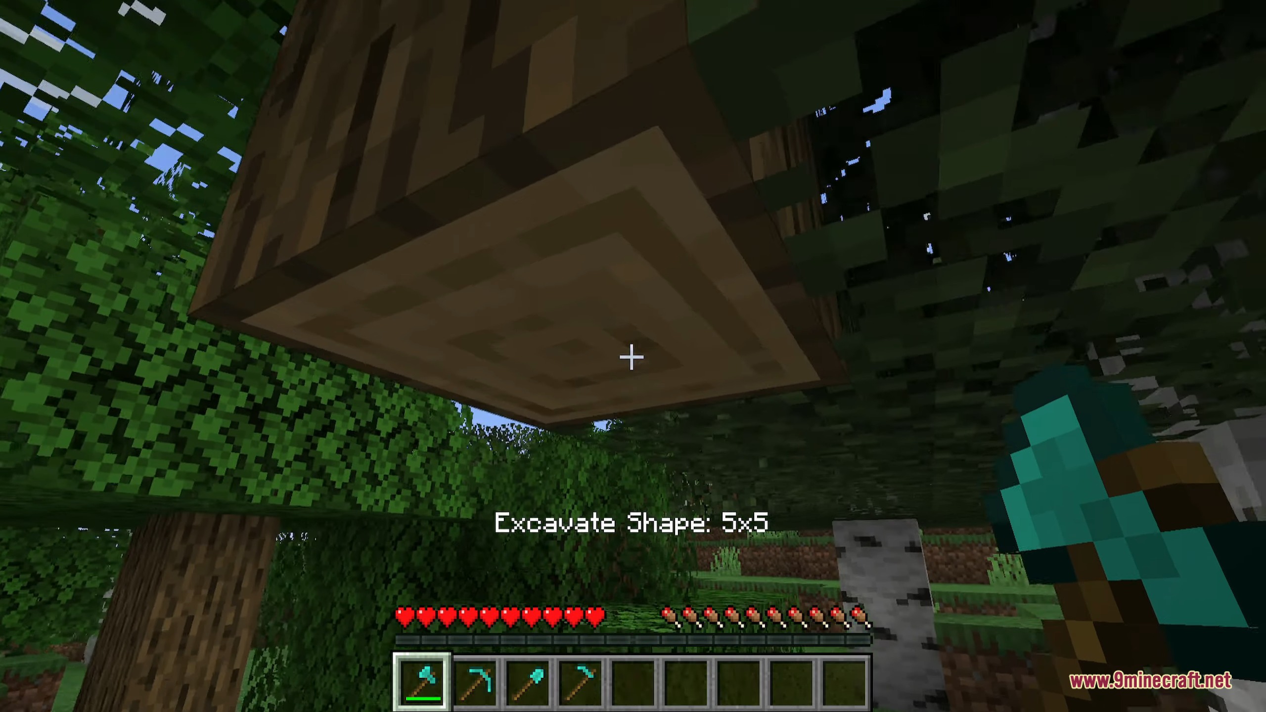 Player selects a five by five excavation shape while looking at a dark log