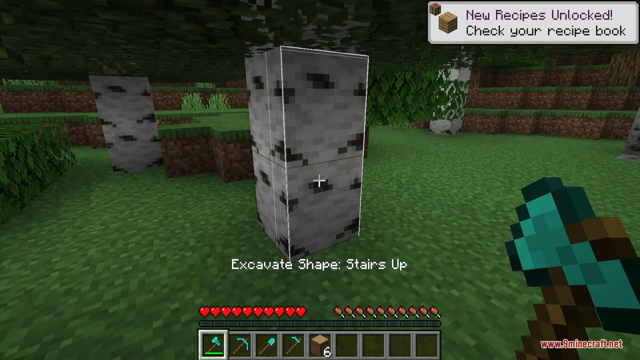 Selecting the stairs up excavation shape while looking at a birch log