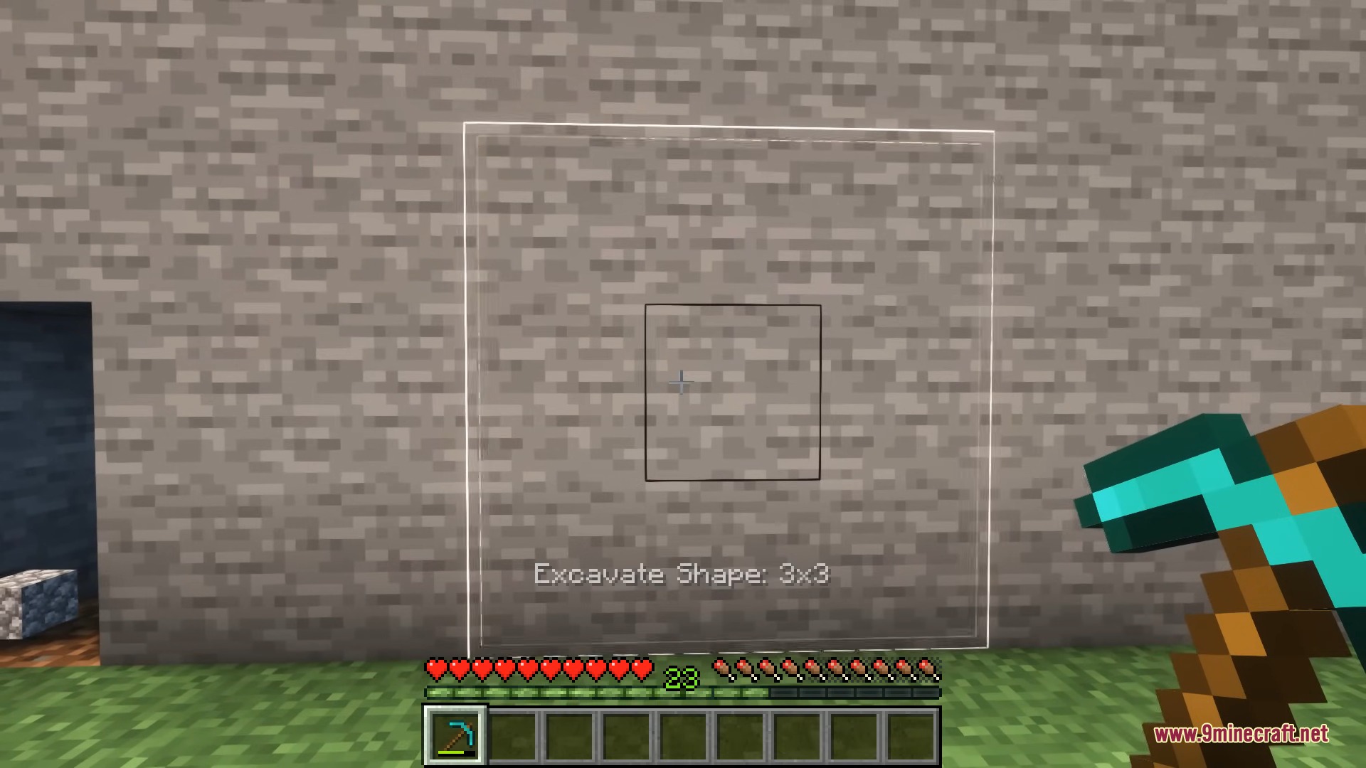 The Ore Excavation mod highlights a three by three area for efficient mining