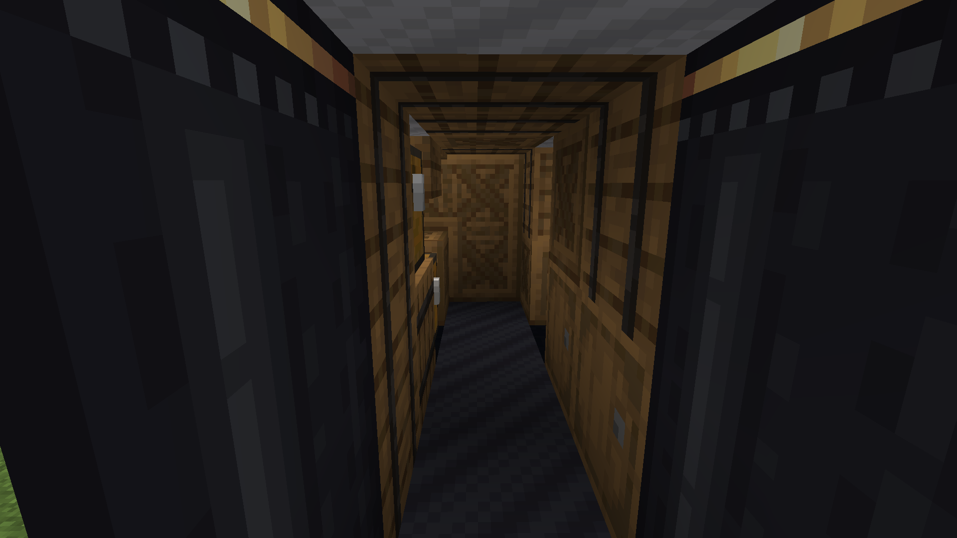 A narrow wooden hallway inside a passenger car of a Minecraft train