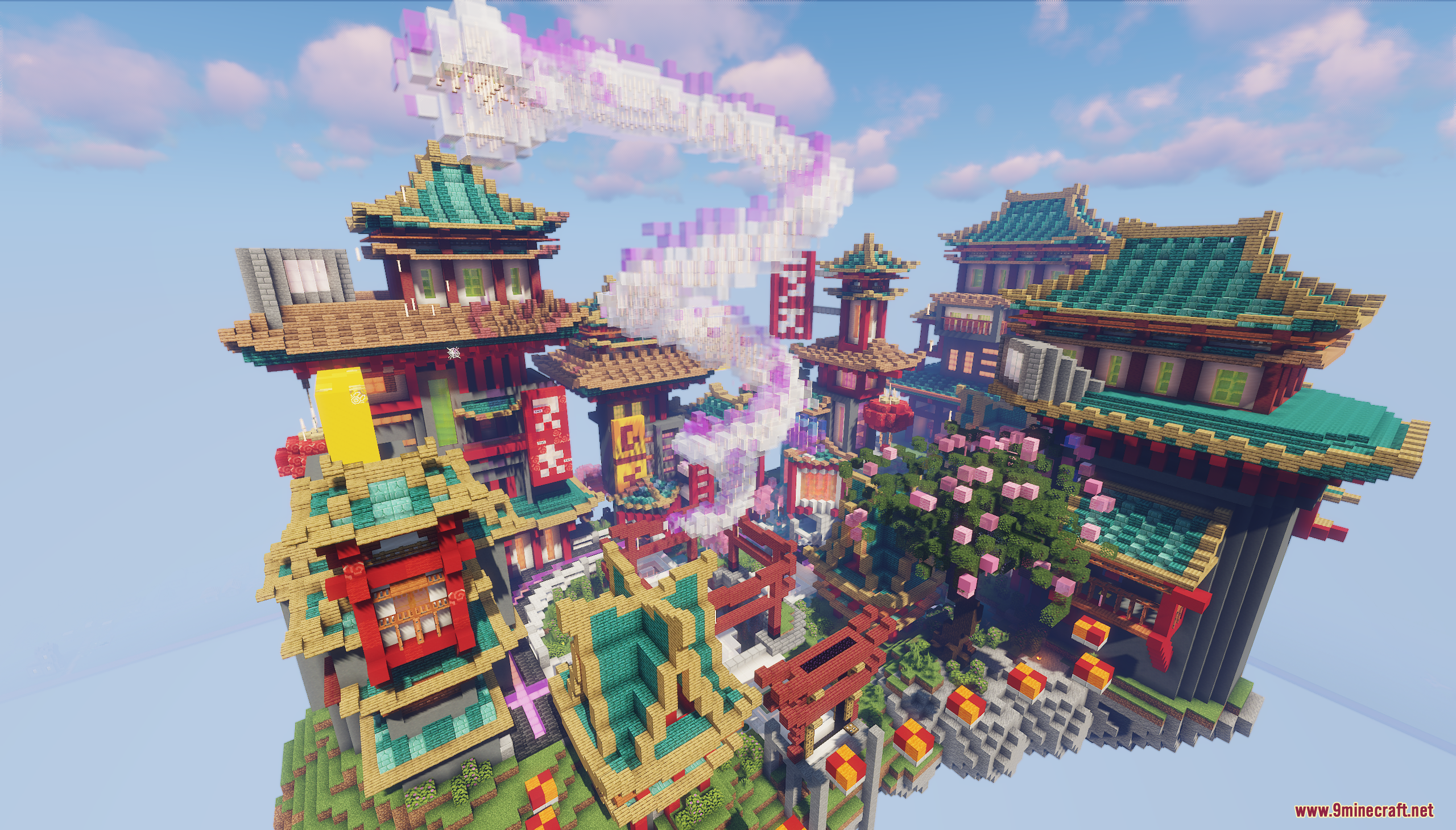 A massive floating island featuring traditional Oriental buildings and a mystical dragon trail