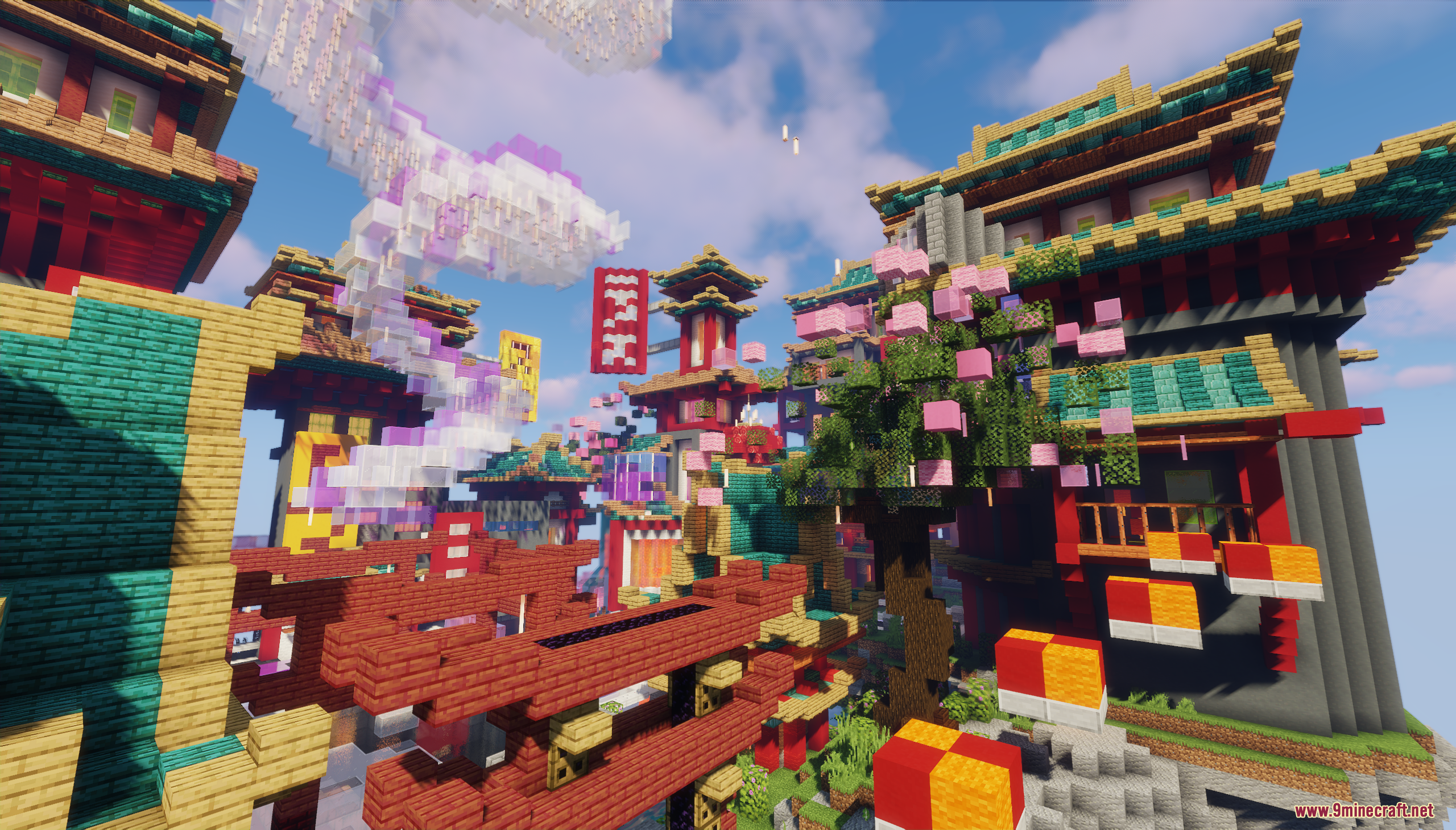 Vibrant Minecraft city featuring traditional East Asian architecture and cherry blossom trees