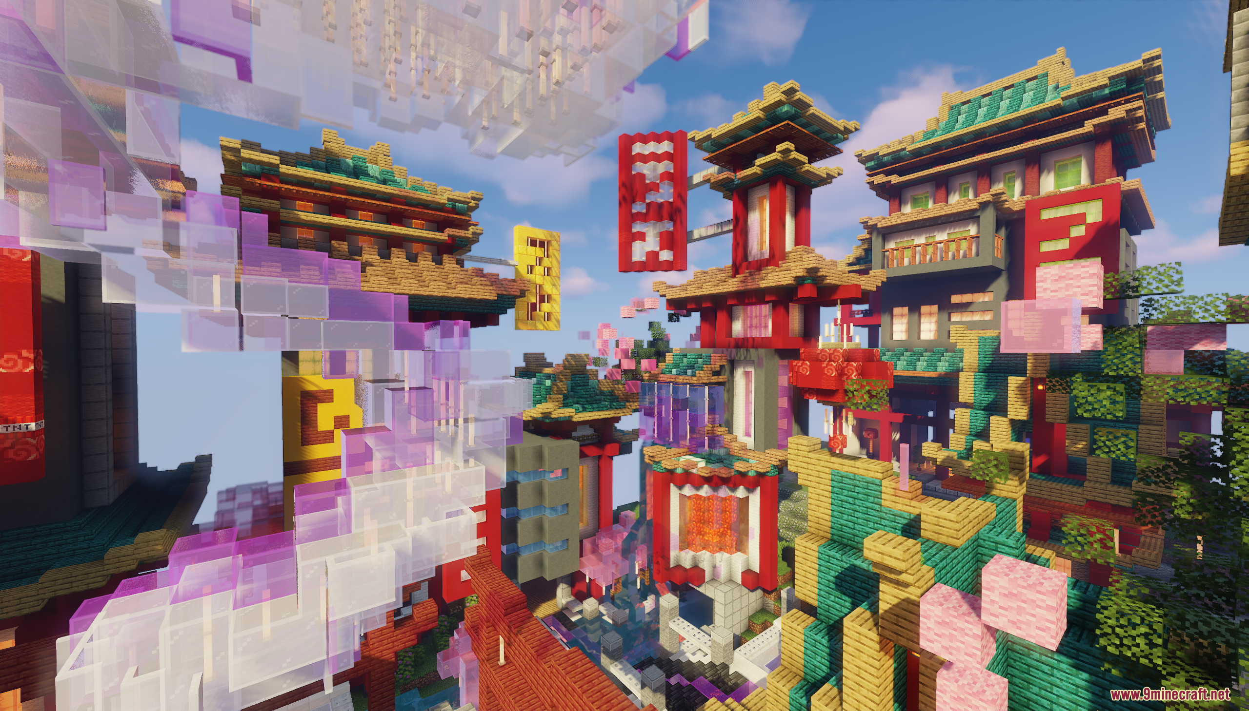 Translucent purple structures wind through a dense city of colorful Minecraft pagodas