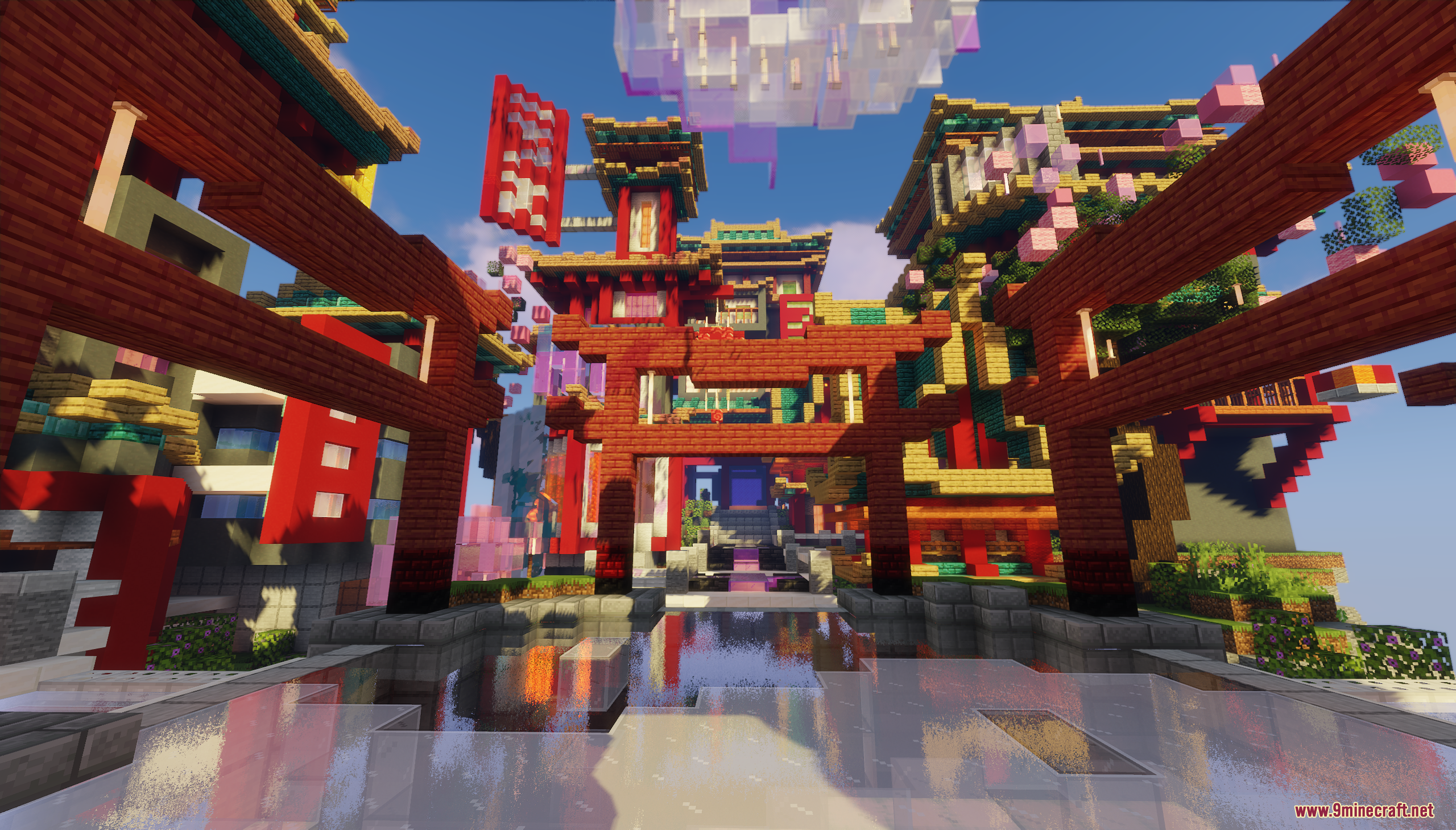 Large red torii gates stand before colorful Asian style buildings in Minecraft