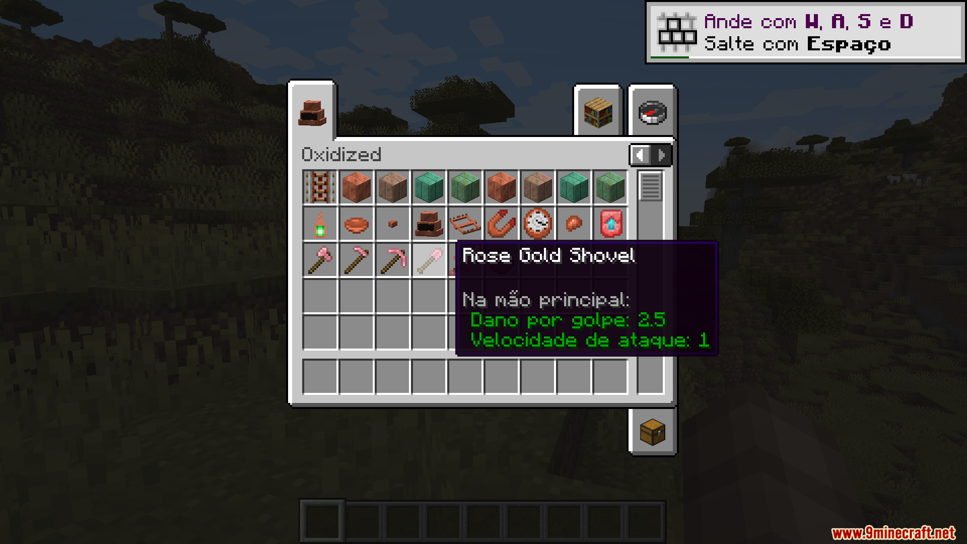 Minecraft inventory screen with Portuguese text for rose gold tools and items