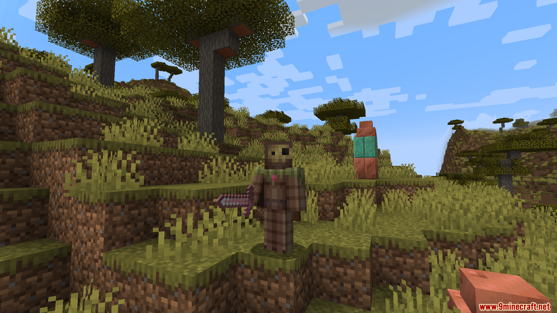 Player wearing brown armor holds a purple sword near oxidized copper blocks