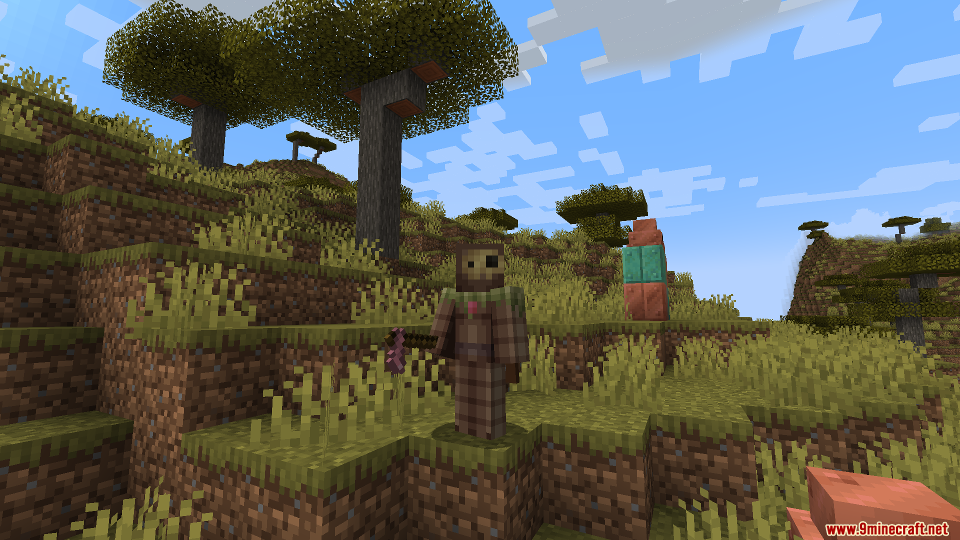 Player wearing brown armor holds a purple axe near oxidized copper blocks