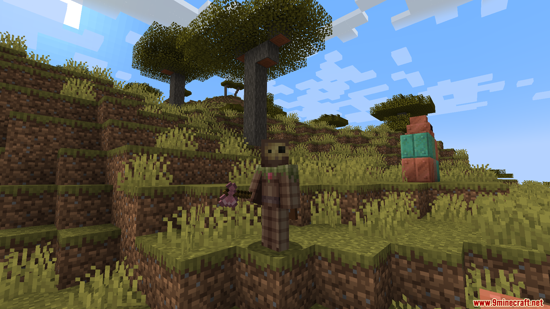 Minecraft player wearing brown armor holding a pinkish axe in a savanna