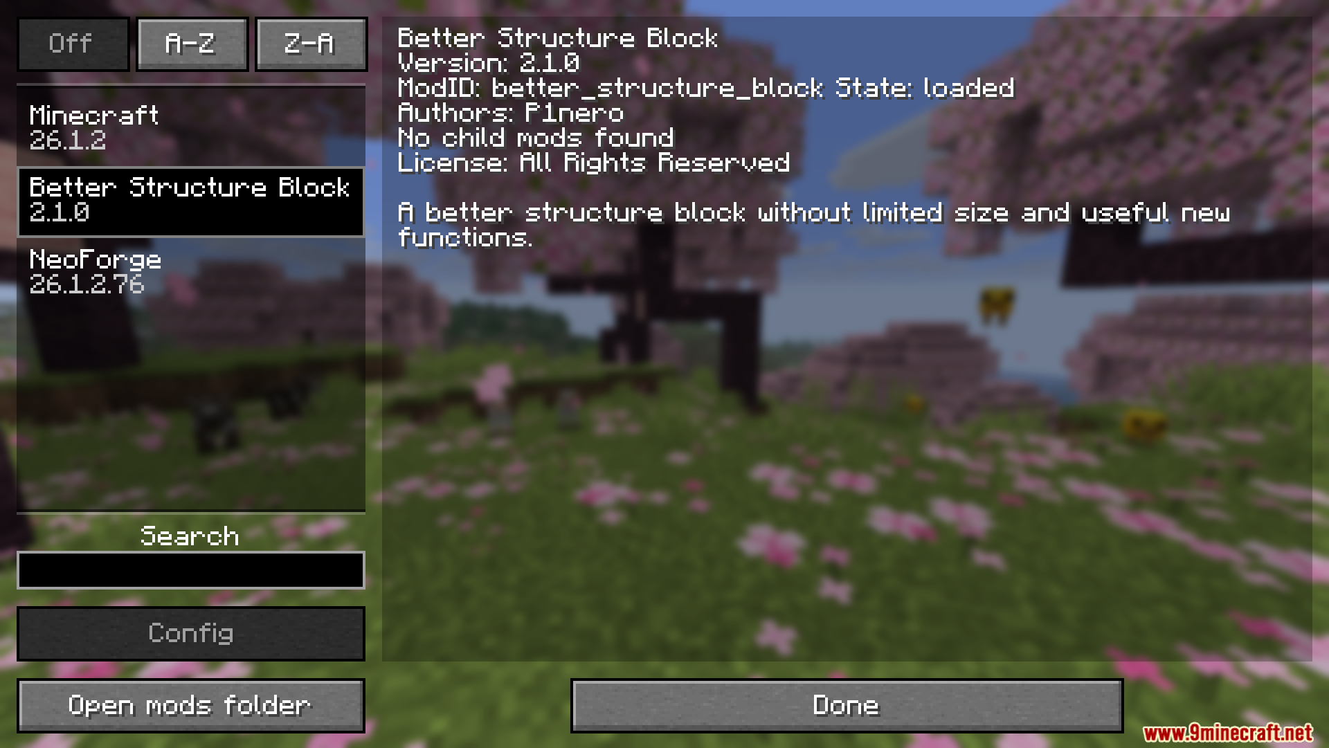 Interface showing version and description for the Better Structure Block mod