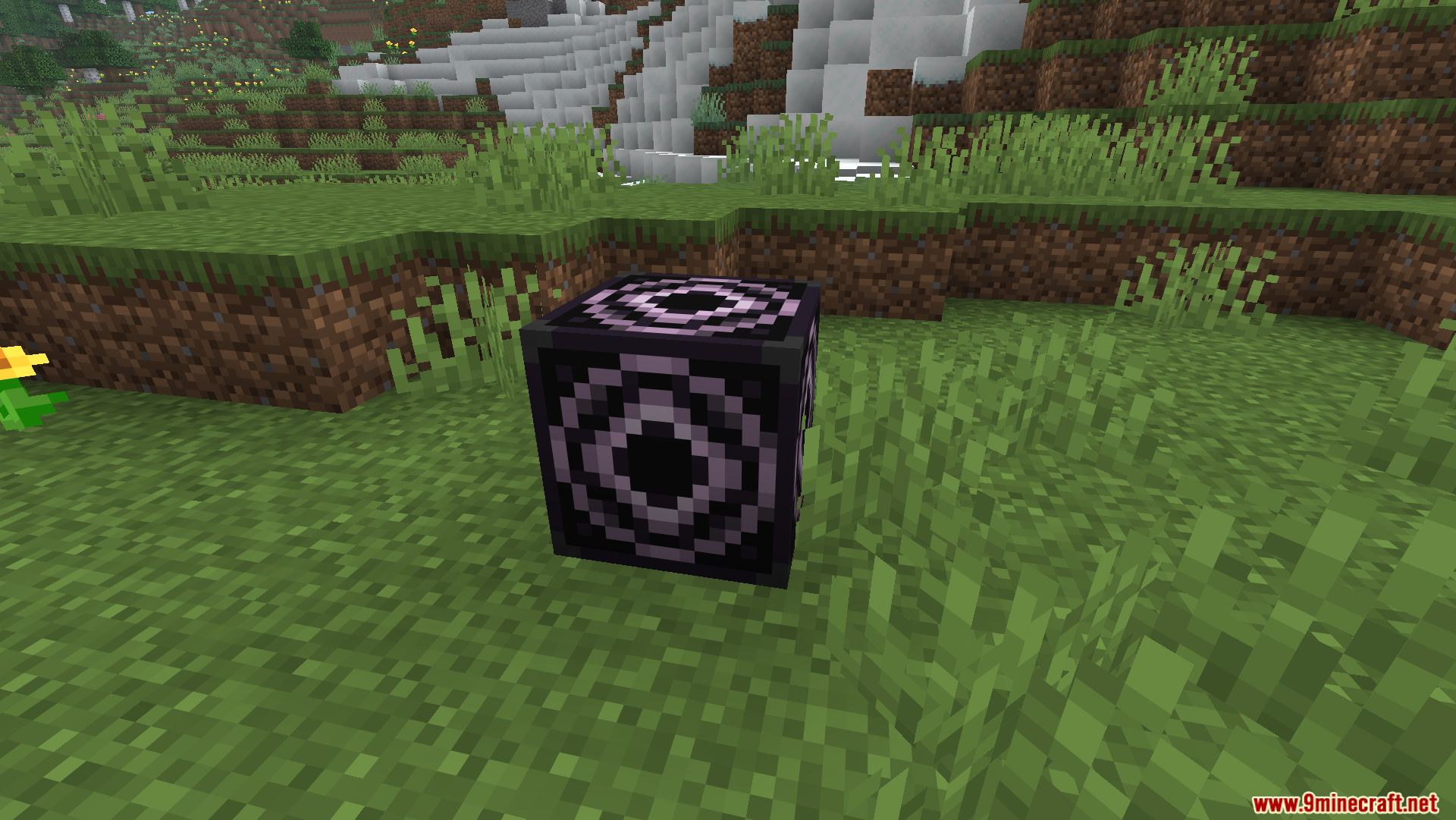 A dark purple structure block with circular patterns sits on a grassy field
