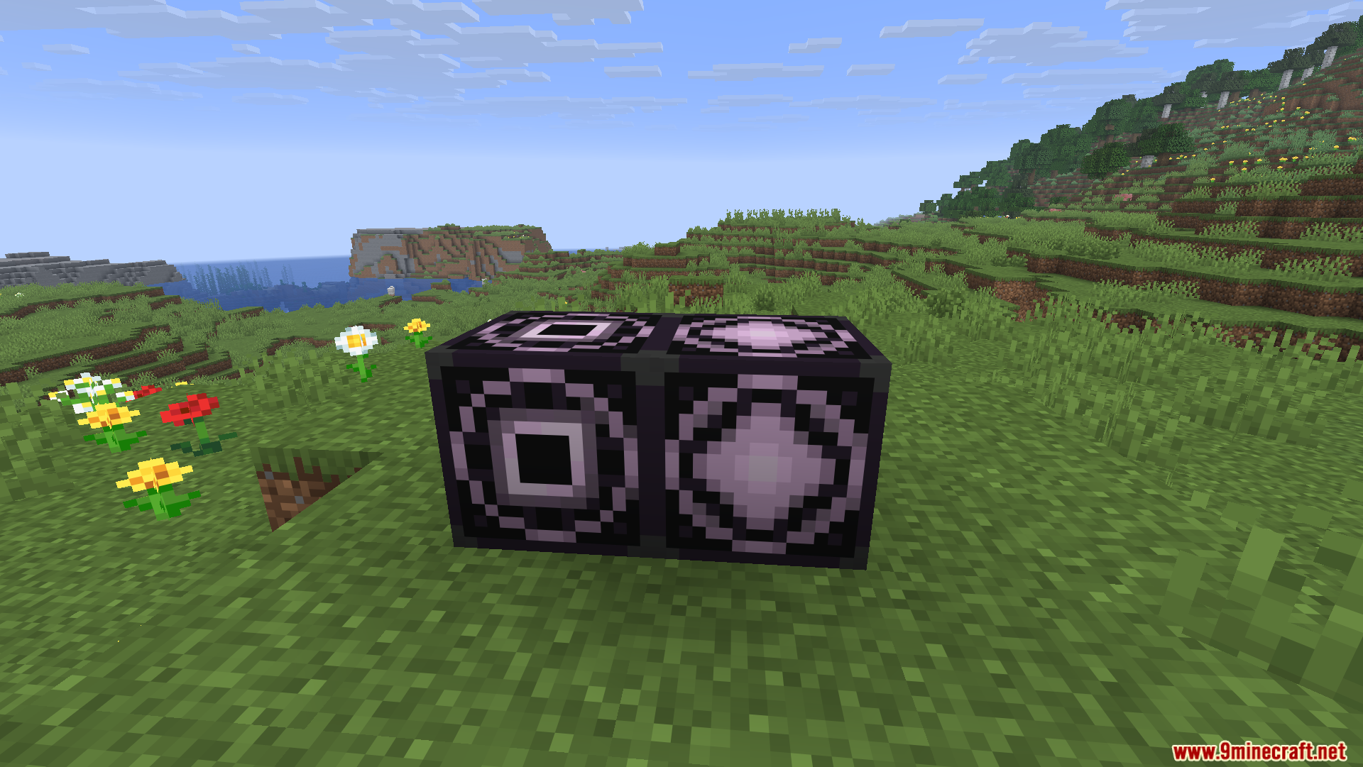 Two dark purple structure blocks with unique patterns placed side by side