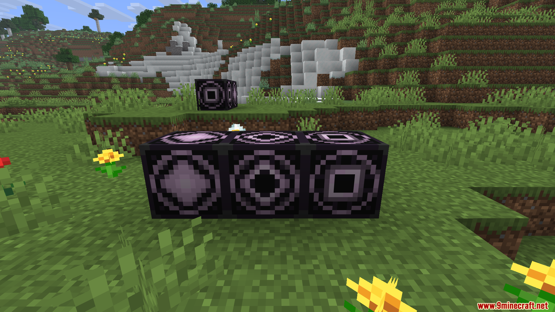 Three structure blocks placed on grass with a large bone structure behind