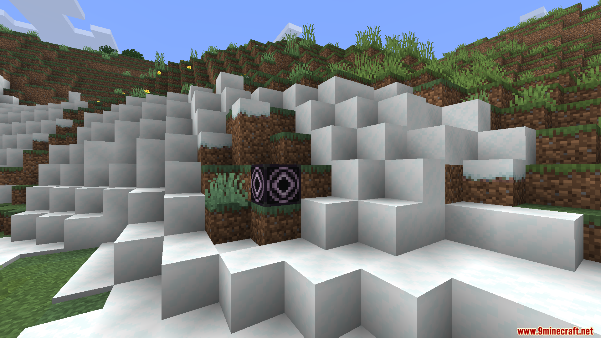 A Better Structure Block placed on a snowy hill in Minecraft