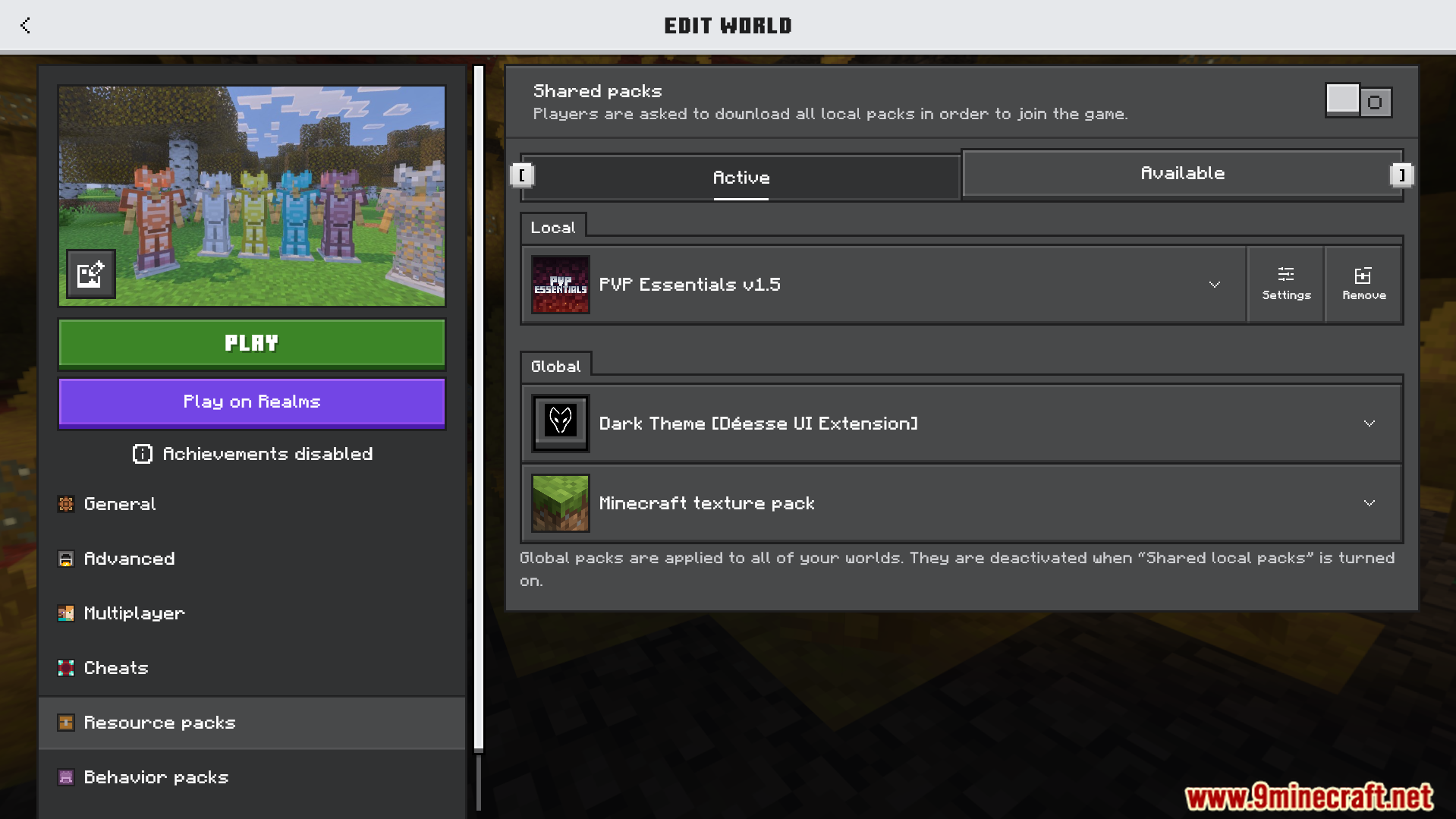 Minecraft edit world screen showing the active PVP Essentials resource pack