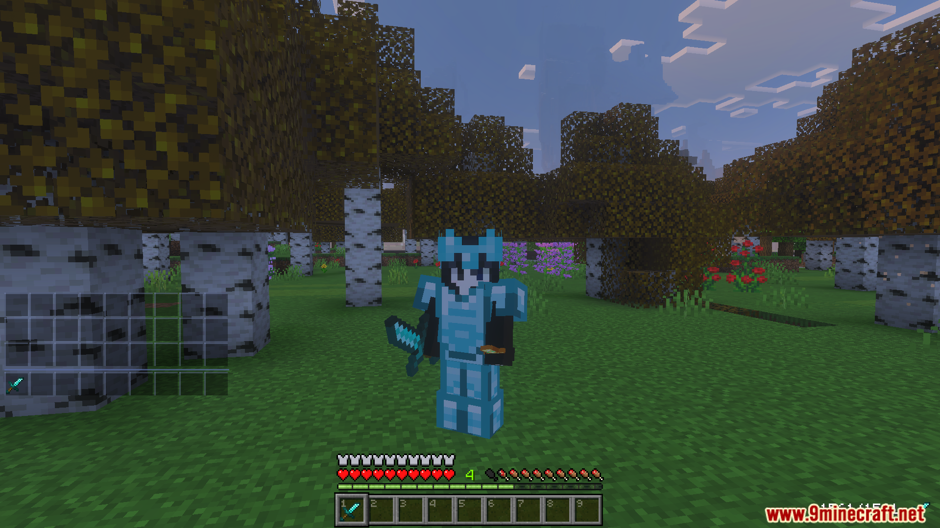 PVP Essentials Texture Pack shows a player in diamond armor and numbered hotbar