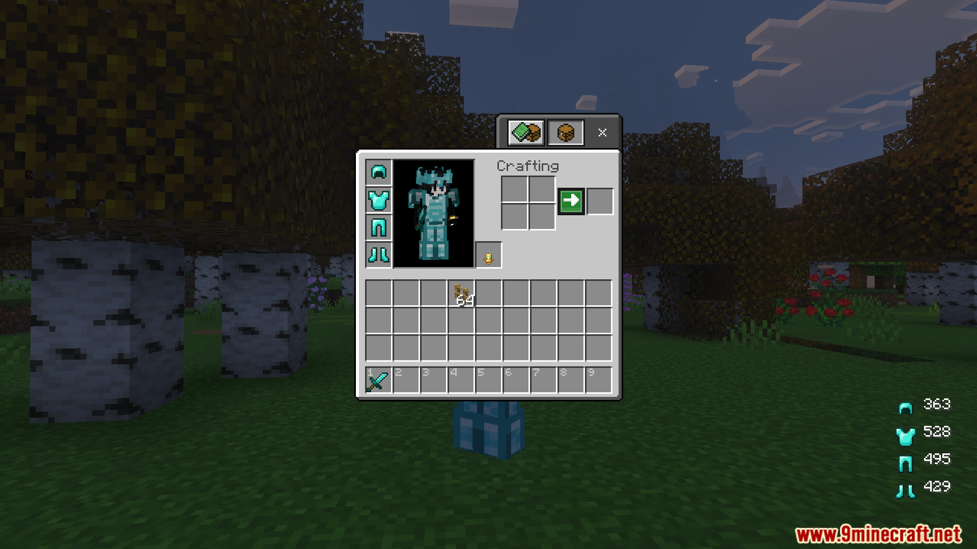 The inventory interface displays armor durability stats and numbered hotbar slots clearly
