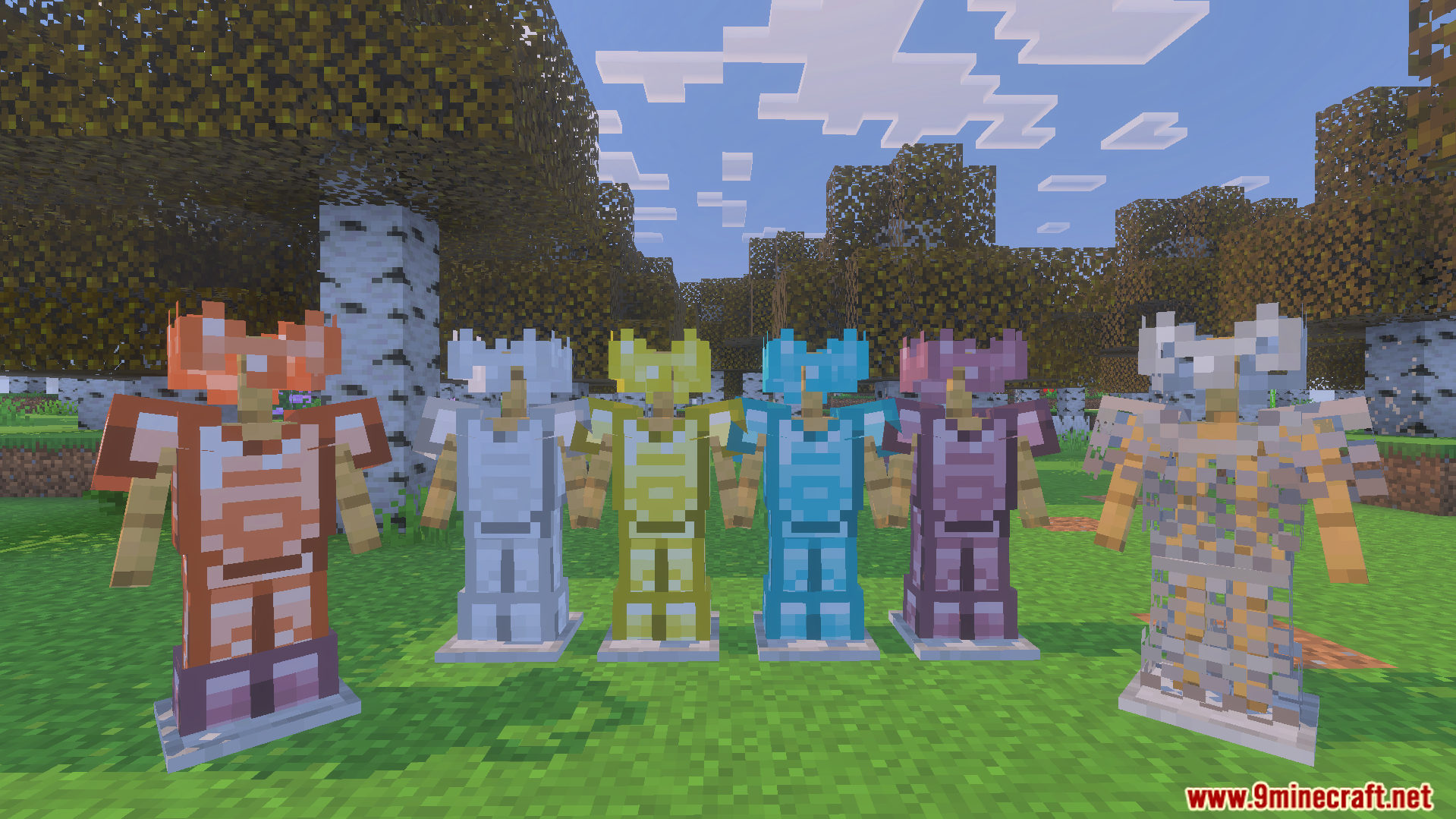 Six armor stands displaying various types of armor sets in a birch forest