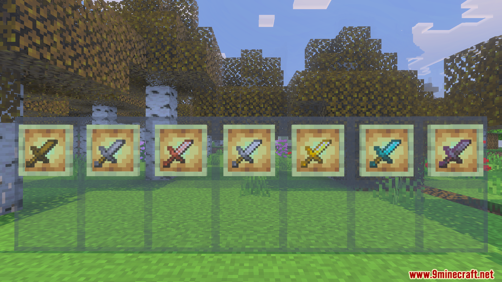 PVP Essentials Texture Pack showing various swords on transparent glass in a forest