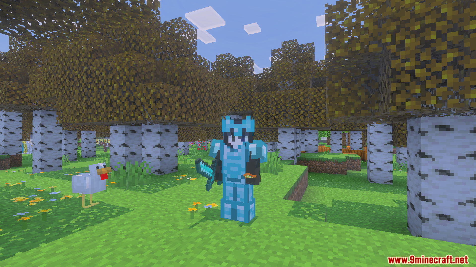 Player wearing diamond armor and holding a sword in a birch forest biome
