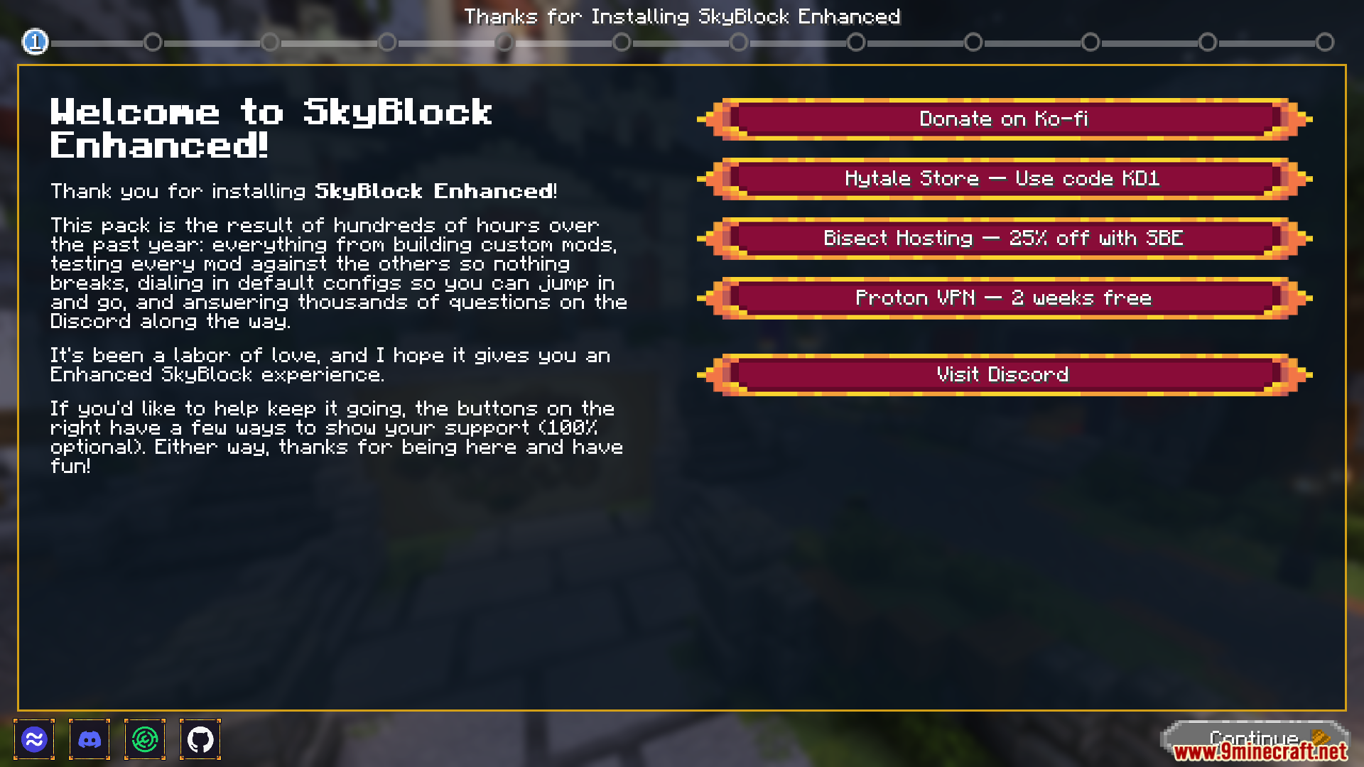 A welcome screen for SkyBlock Enhanced featuring various support and donation buttons