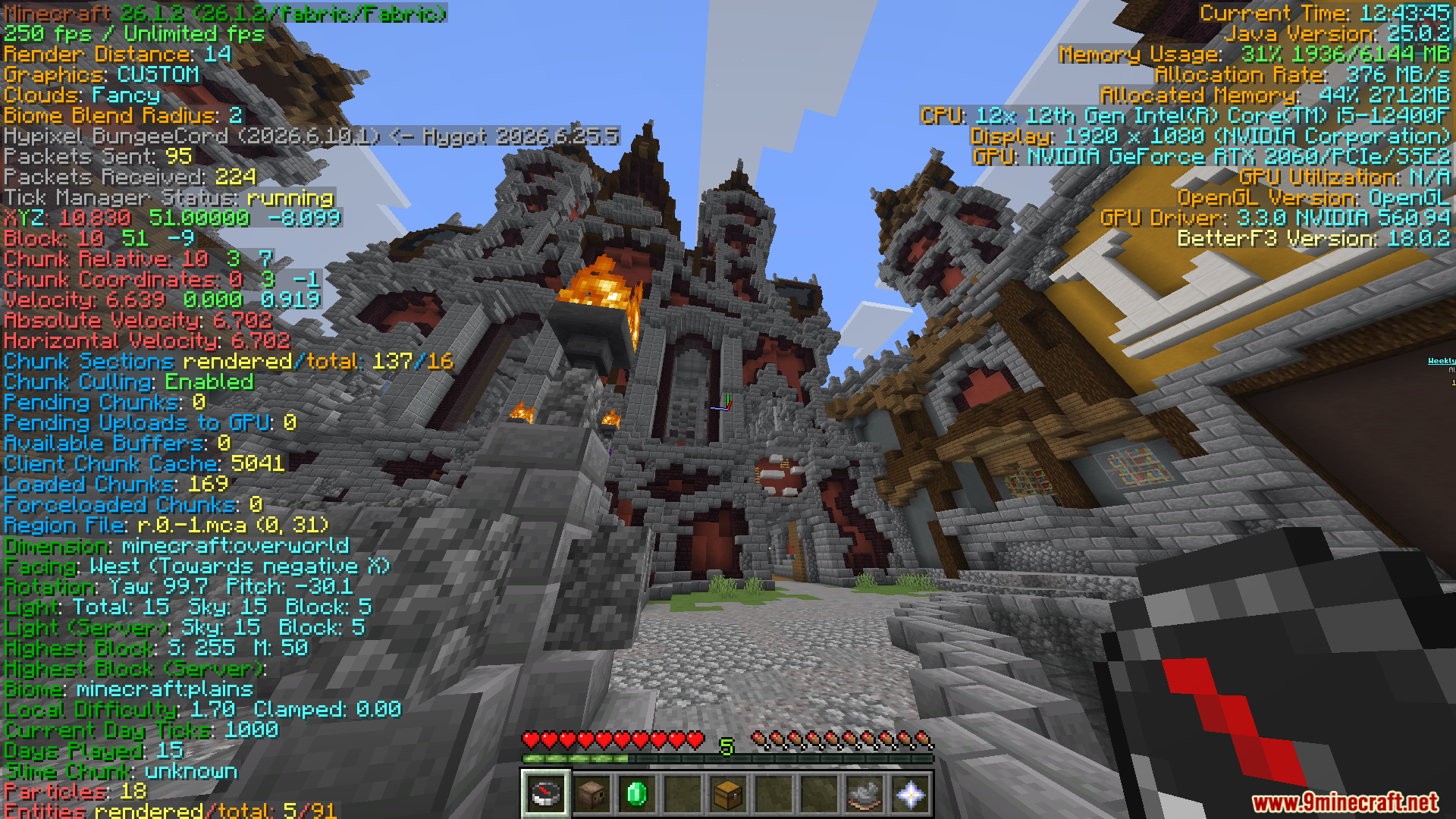 Minecraft gameplay screen displaying detailed technical performance statistics and system information