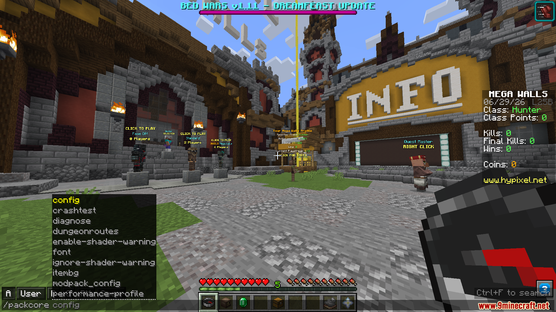 Minecraft player accessing the Pack Core configuration menu through a chat command