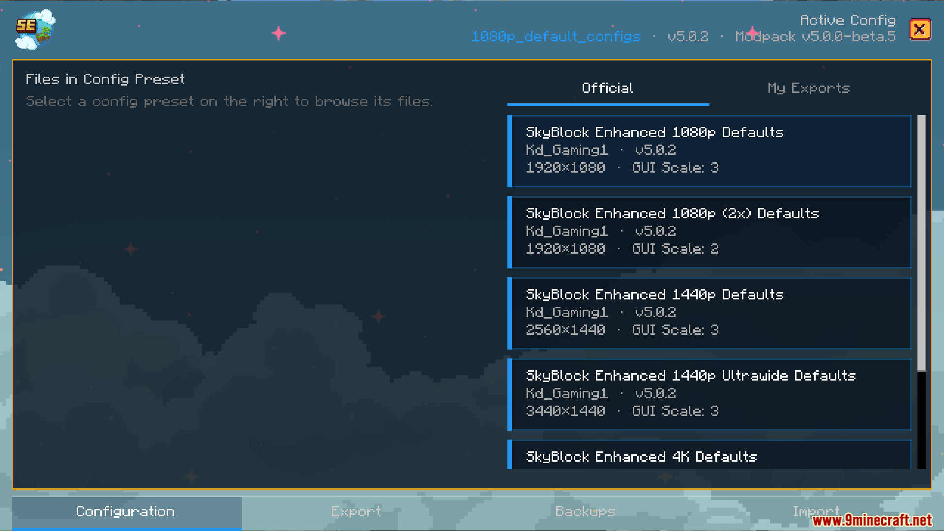A user interface showing various configuration presets for the modpack settings