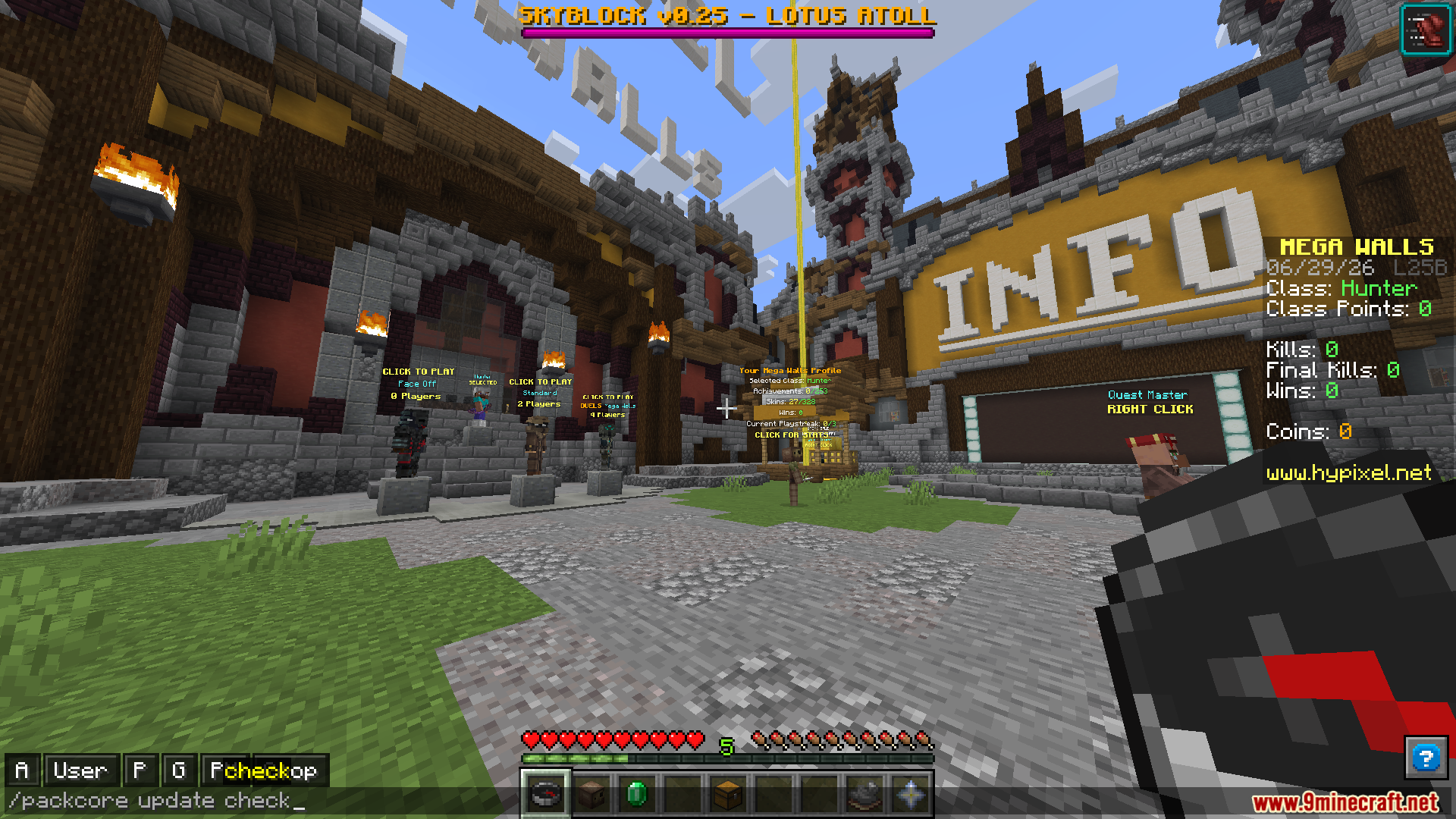 Minecraft player holding a compass in a lobby with a custom SkyBlock sidebar