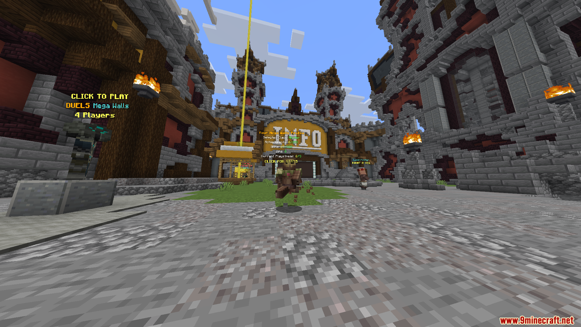 A wide view of a Minecraft lobby featuring large information signs and NPCs