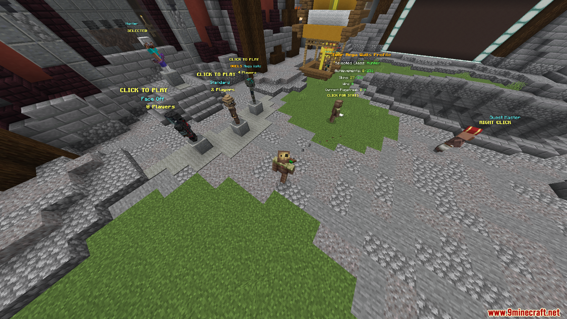 Minecraft player exploring a server lobby with floating text and various NPCs