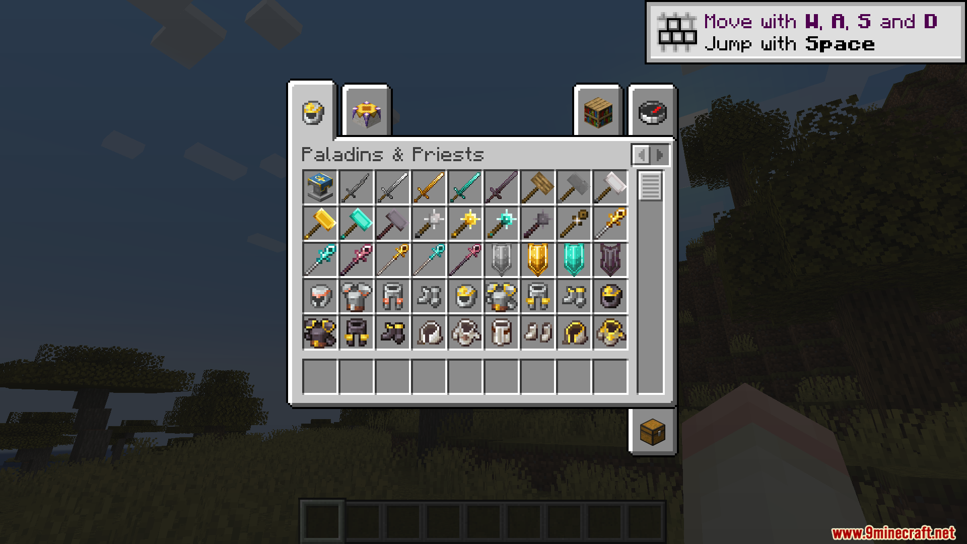 Inventory menu showing new items from the Paladins and Priests Minecraft mod