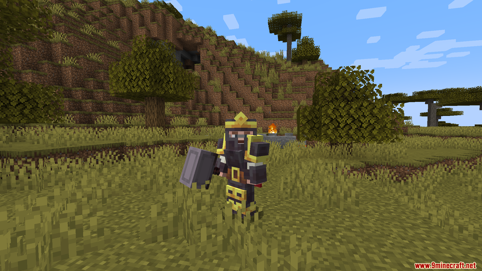 A player character wearing heavy dark armor while holding a large grey hammer