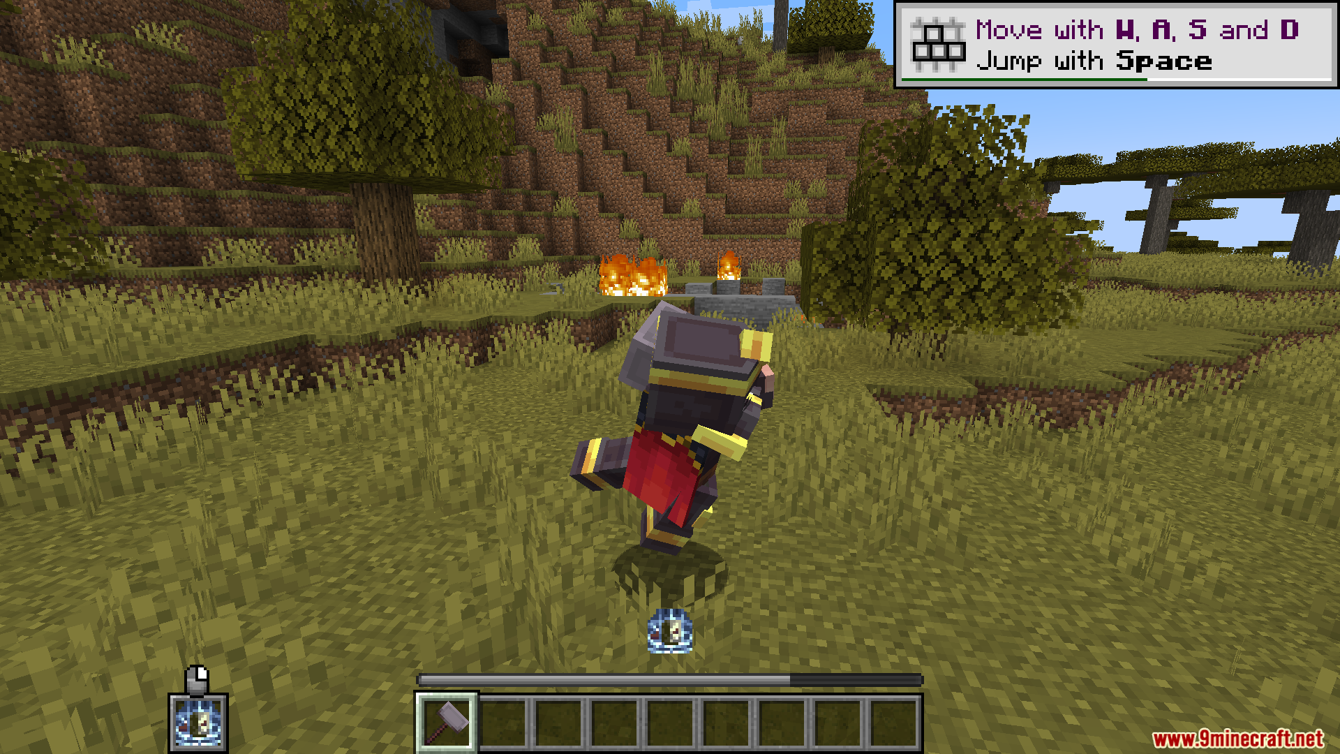A player in paladin armor jumps while holding a heavy hammer