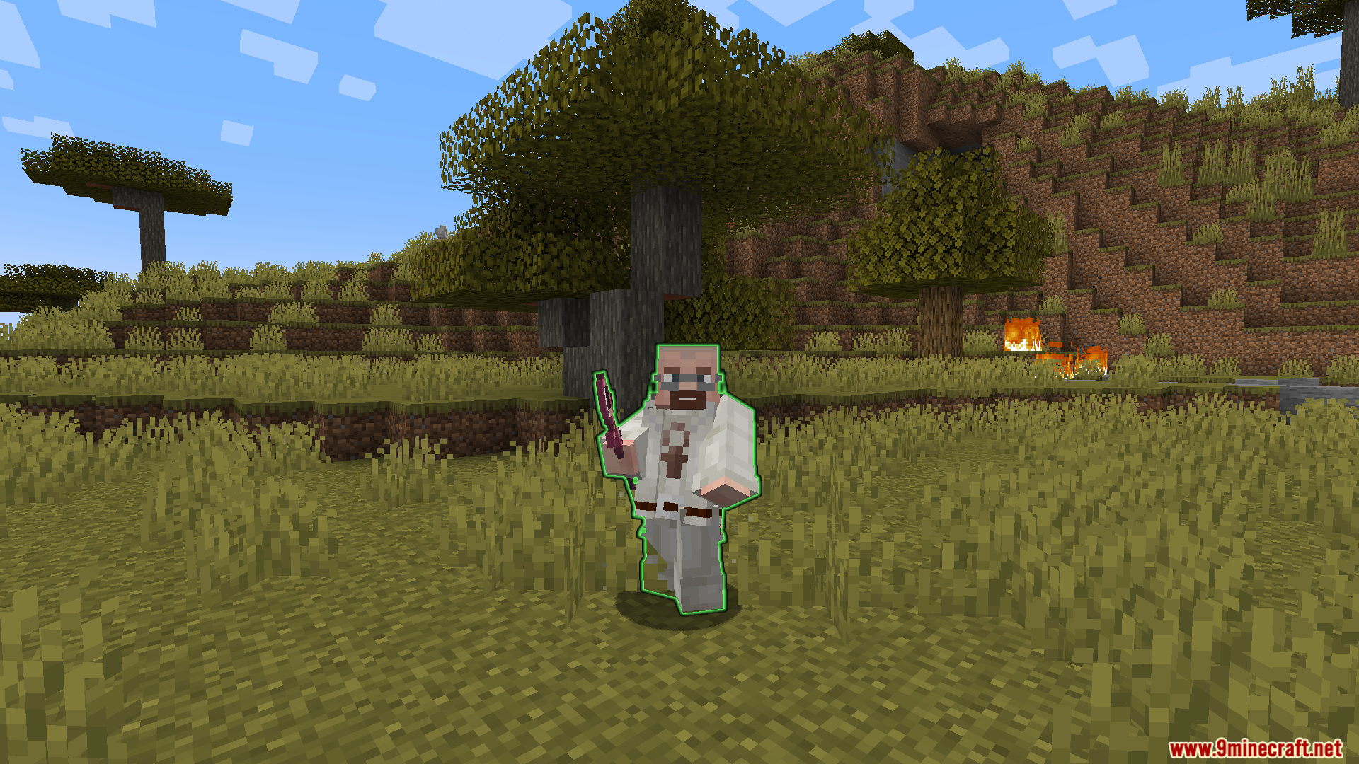 A character wearing white priest robes holds a magical wand