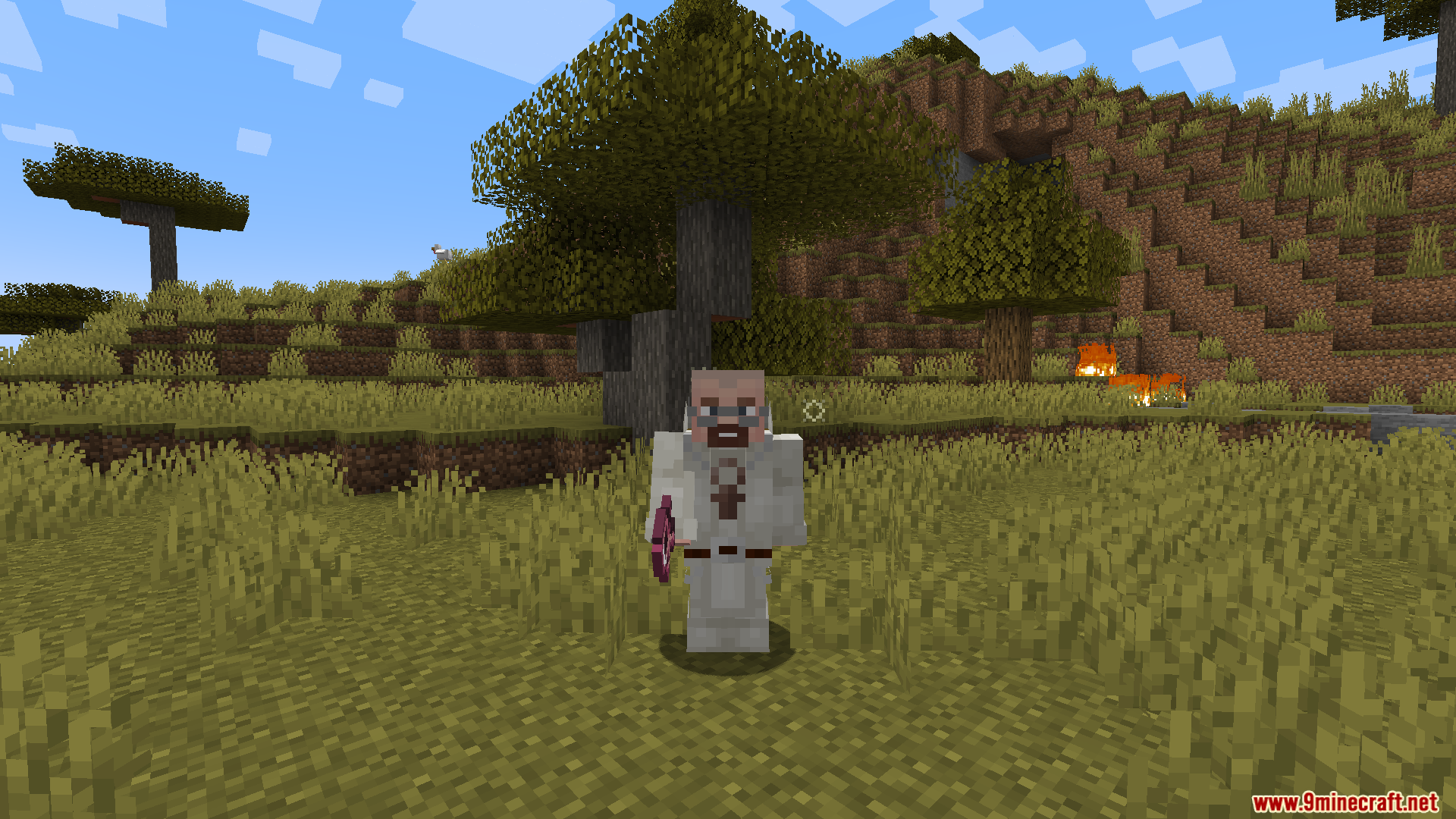 A player wearing white priest armor holding a magical purple item