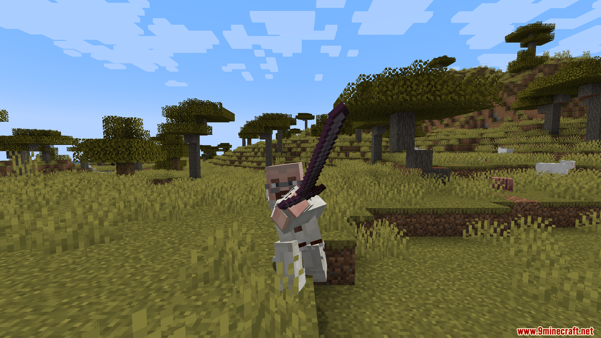 A character in white armor holding a giant purple claymore in a savanna
