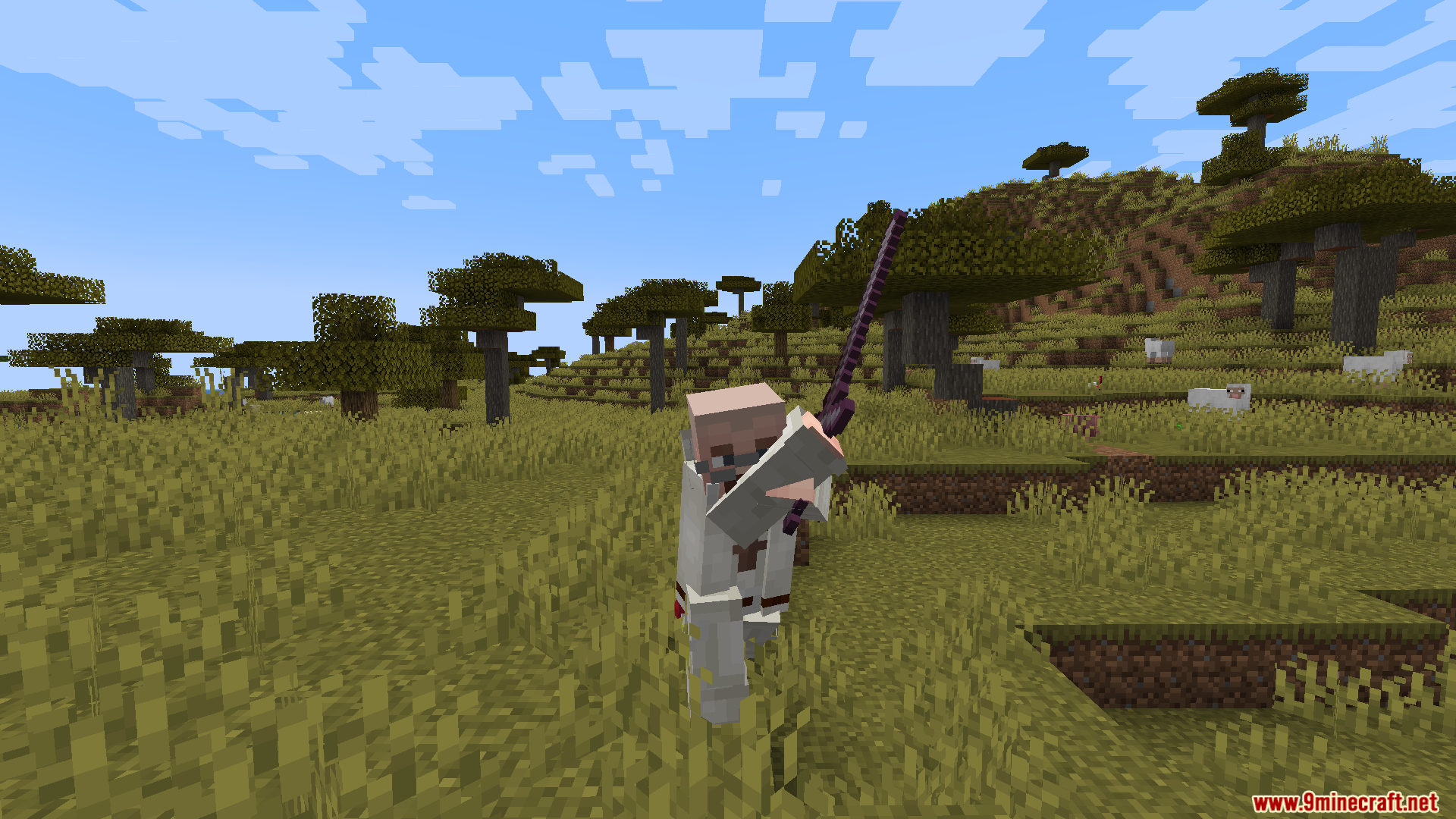 A player swinging a dark purple sword while standing in a savanna field