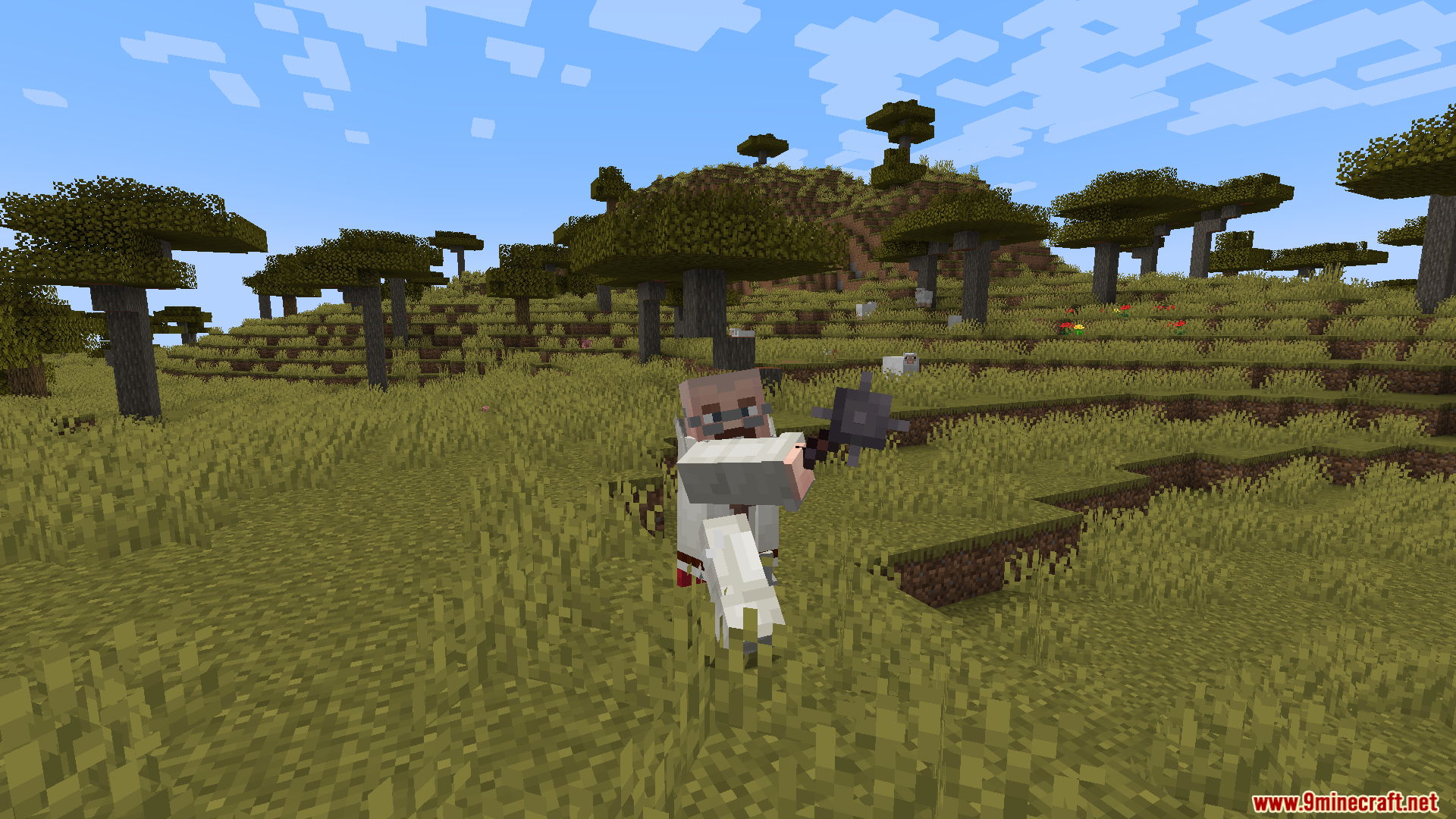 A Minecraft character in priest robes wielding a mace in a savanna biome