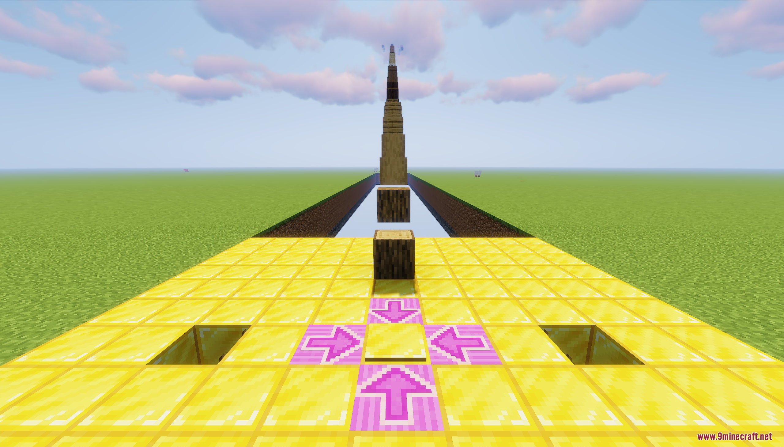 Parkour Blocks Map Screenshot 1 Gold blocks with pink arrows and a pressure plate starting parkour course